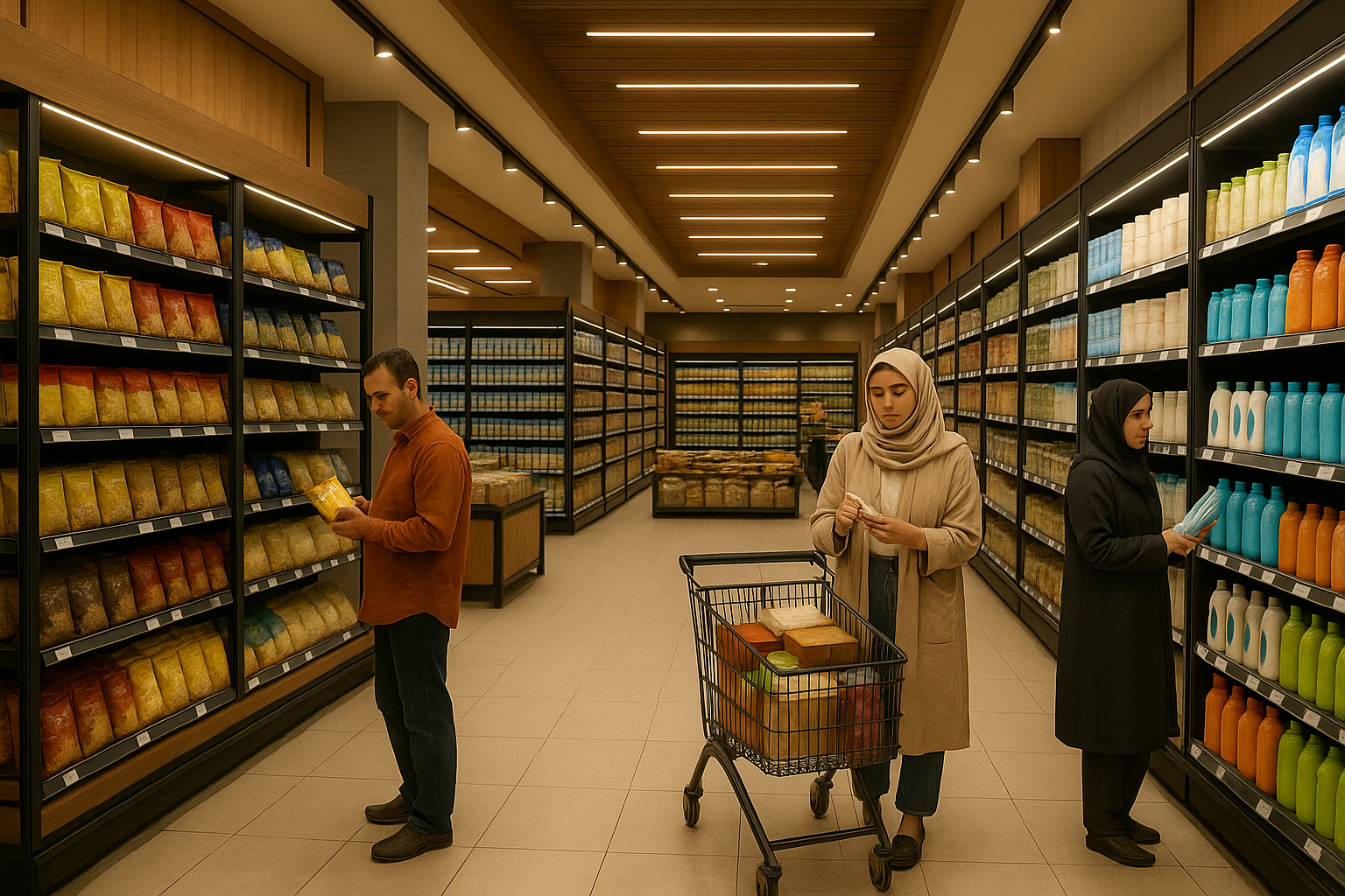 تصویر داخلی یک سوپرمارکت بزرگ و شیک با طراحی مدرن در ایران؛ قفسه‌هایی پر از محصولات مصرفی روزمره و ترند، با بسته‌بندی‌های واقعی اما بدون نام برند؛ شامل تنقلات، لبنیات، کنسروها، برنج، مواد شوینده، نوشیدنی‌ها و سایر کالاهای ضروری خانه؛ راهروهای عریض و تمیز با نورپردازی روشن؛ معماری مدرن با جزئیات چوب و فلز؛ مشتریانی با ظاهر ایرانی که به‌صورت معمولی در حال خرید هستند؛ تمرکز بر واقع‌گرایی، جزئیات بالا، چیدمان طبیعی کالاها و حس‌وحال بازار ایرانی؛ رندر فوتورئالیستی با کیفیت 8K، نور گرم و فضای دلپذیر؛ تصویری سینمایی از زاویه باز.