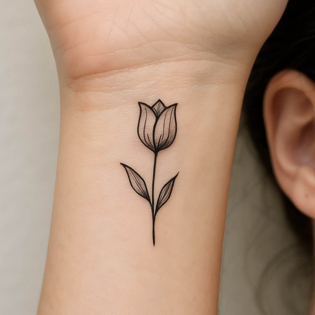 تتویی کوچک با الهام از عناصر طبیعی ایران، مثل یک گل لاله واژگون ساده یا درخت سرو. خطوط بسیار ظریف و تمیز که مناسب مچ دست یا پشت گوش باشد. طراحی باید حس طبیعی، آرامش و زیبایی را منتقل کند.