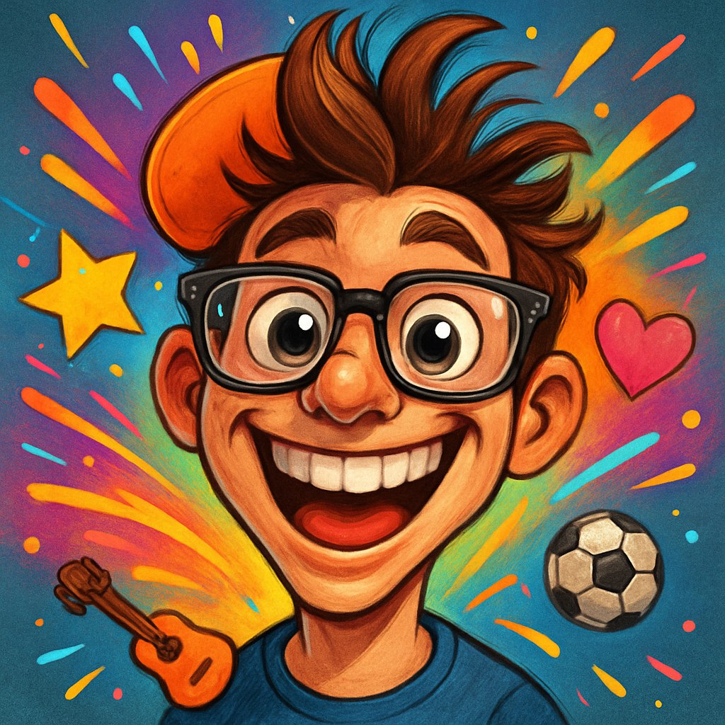 یک کاریکاتور جذاب و هیجان‌انگیز برای پروفایل: تصویر صورت با ویژگی‌های اغراق‌شده و خنده‌دار، مانند چشمان بزرگ و براق، لبخندی پهن و پرانرژی، و مدل مویی شلوغ و پویا. پس‌زمینه شامل عناصر رنگارنگ و شاد مانند انفجارهایی از رنگ‌های نئونی یا نمادهایی مثل ستاره و قلب. جزئیات صورت با خطوط تمیز و سایه‌های نرم طراحی شده‌اند تا حالتی دوست‌داشتنی و سرزنده به تصویر ببخشد. کاراکتر می‌تواند عینک یا کلاه به‌صورت فانتزی داشته باشد، همراه با جزئیات کوچکی که شخصیت و علاقه‌ها (مثل گیتار کوچک یا نماد ورزشی) را نشان دهد.