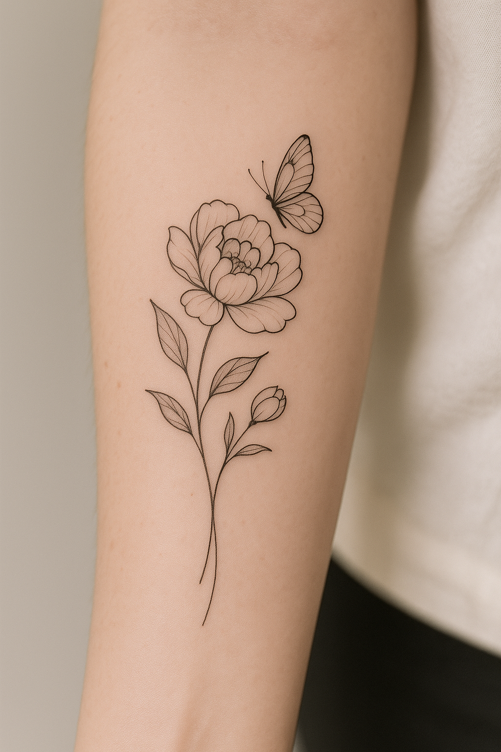 تتوی خطی ظریف گلدار از گل صد تومانی و پروانه روی ساعد، سبک مینیمال و زیبا