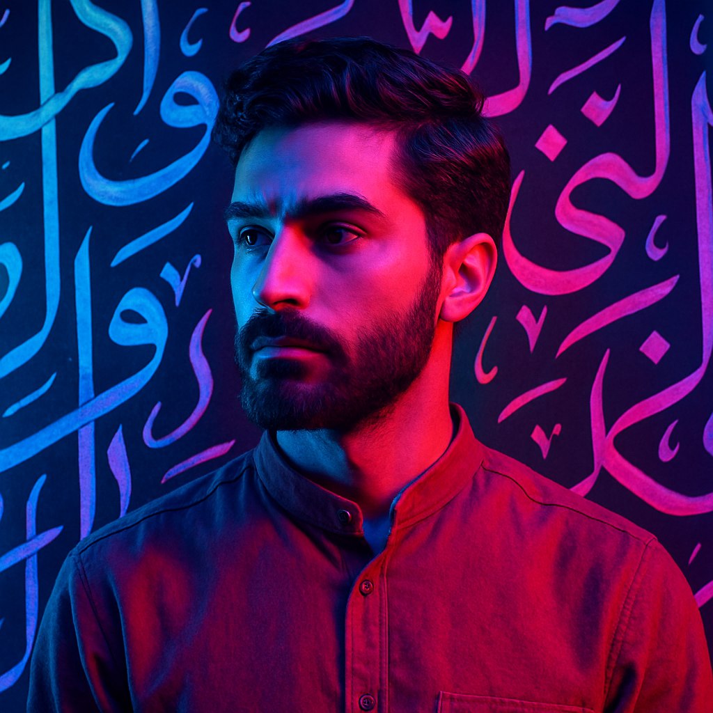 یک پرتره هنری و خلاقانه از یک فرد ایرانی با استفاده از نورپردازی رنگی (نئونی) و طرح‌های خطاطی فارسی در پس‌زمینه، که ترکیبی از فرهنگ سنتی و هنر معاصر است.