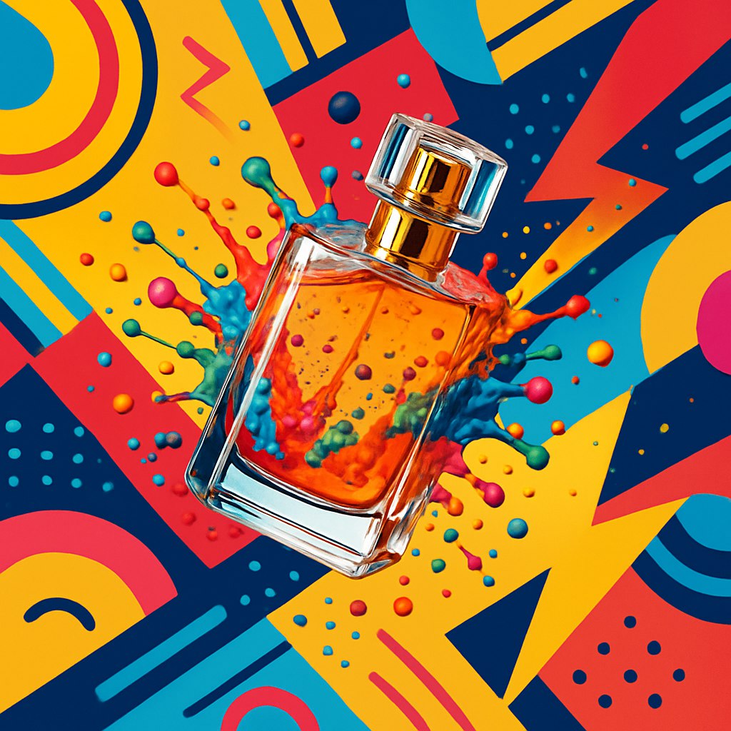 بطری عطر در حال شناور در هوا با قطرات رنگی که به اطراف پراکنده می‌شود. پس‌زمینه‌ای پر از طرح‌های گرافیکی مدرن و پرانرژی