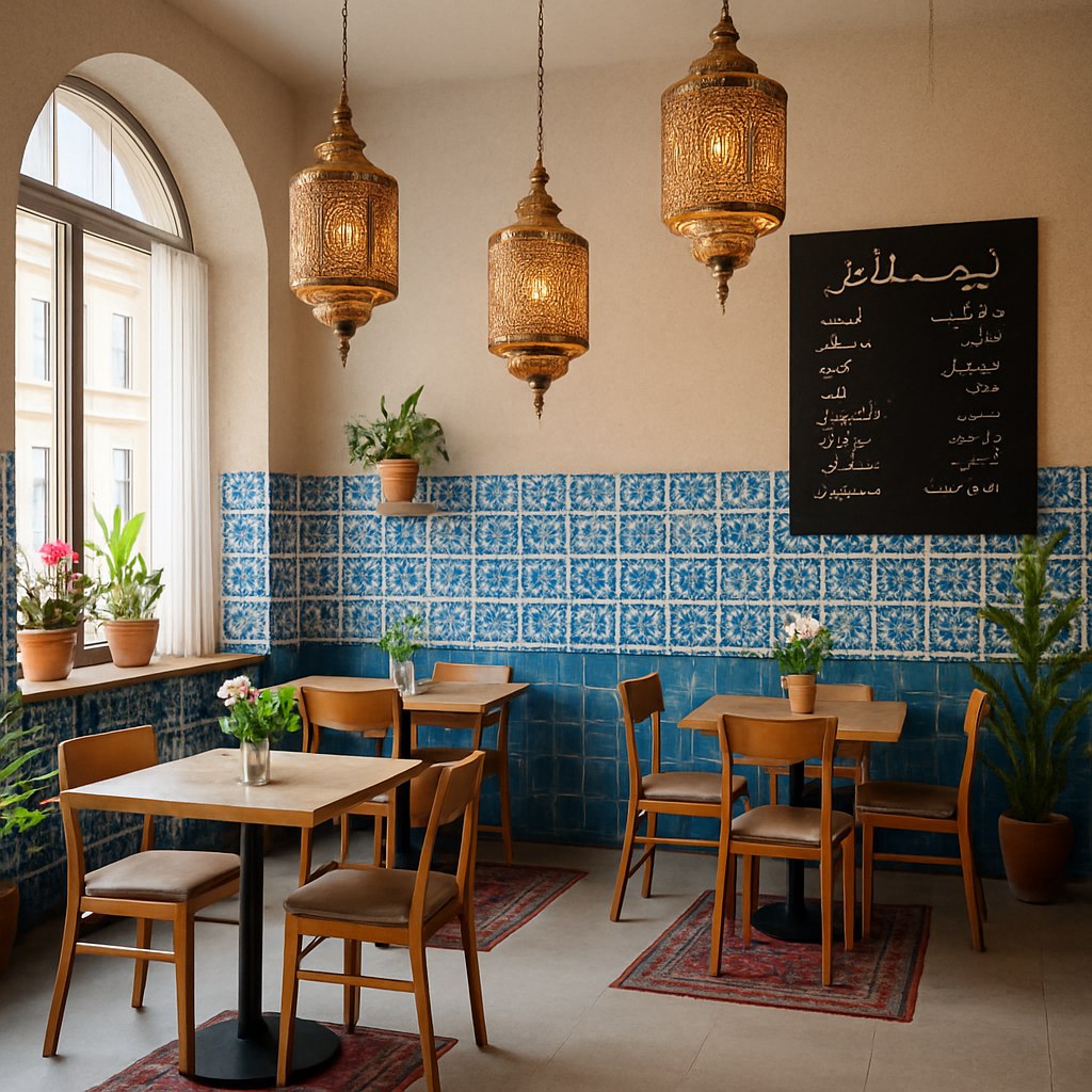 یک کافه ایرانی مدرن با دکوراسیونی جذاب و عامه‌پسند. فضای داخلی شامل دیوارهایی با طرح کاشی‌های ایرانی به رنگ‌های آبی و سفید، میز و صندلی‌های چوبی با طراحی مدرن، نورپردازی گرم و خیره‌کننده با لوسترهای سنتی الهام‌گرفته از هنر ایرانی. کف‌پوش با فرش‌های ایرانی کوچک و مدرن ترکیب شده است. گل‌های طبیعی و گیاهان سبز برای زیبایی و حس طبیعت استفاده شده‌اند. منو روی دیوار با خط نستعلیق نوشته شده و فضای کافه دوستانه و دل‌نشین به نظر می‌رسد. پنجره‌های بزرگ با پرده‌های سبک و نور طبیعی فراوان در محیط. سبک کلی مینیمالیستی با الهام از هنر و معماری ایرانی.