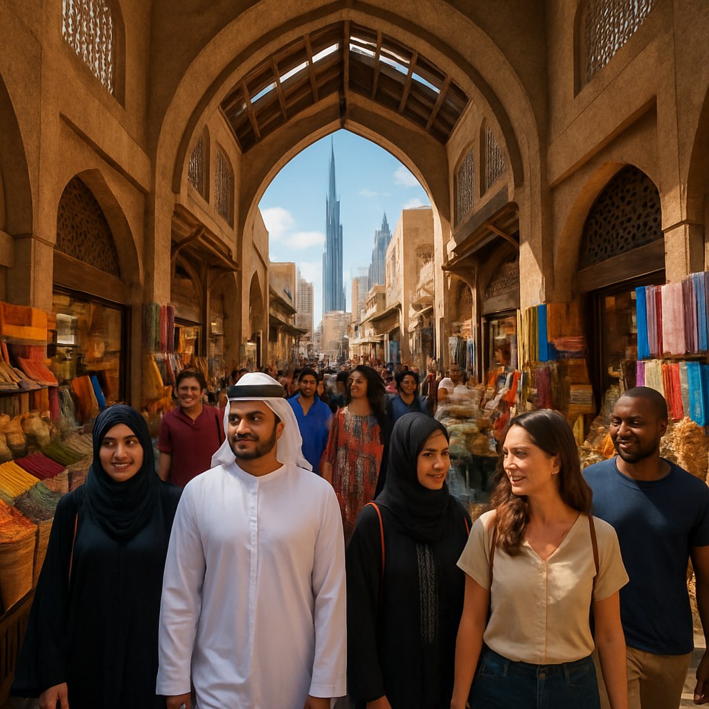عکسی خیره‌کننده و جذاب از مردم دبی: جمعیتی متنوع با پوشش‌های سنتی و مدرن که در یک بازار پرجنب‌وجوش دبی قدم می‌زنند، با نور طبیعی که از معماری سنتی با طاق‌ها و پنجره‌های مشبک عبور می‌کند. لباس‌های سنتی مانند عبایا و کندوره در کنار استایل‌های مدرن بین‌المللی دیده می‌شود. جزئیات زیبا شامل رنگ‌های زنده از اجناس بازار، مانند ادویه‌ها، پارچه‌های ابریشمی و صنایع‌دستی، و تعامل مردم با یکدیگر، لبخندها و نگاه‌های گرم. پس‌زمینه شامل آسمان‌خراش‌های معروف مانند برج خلیفه در دوردست، که سنت و مدرنیته را به‌طور همزمان نمایش می‌دهد.
