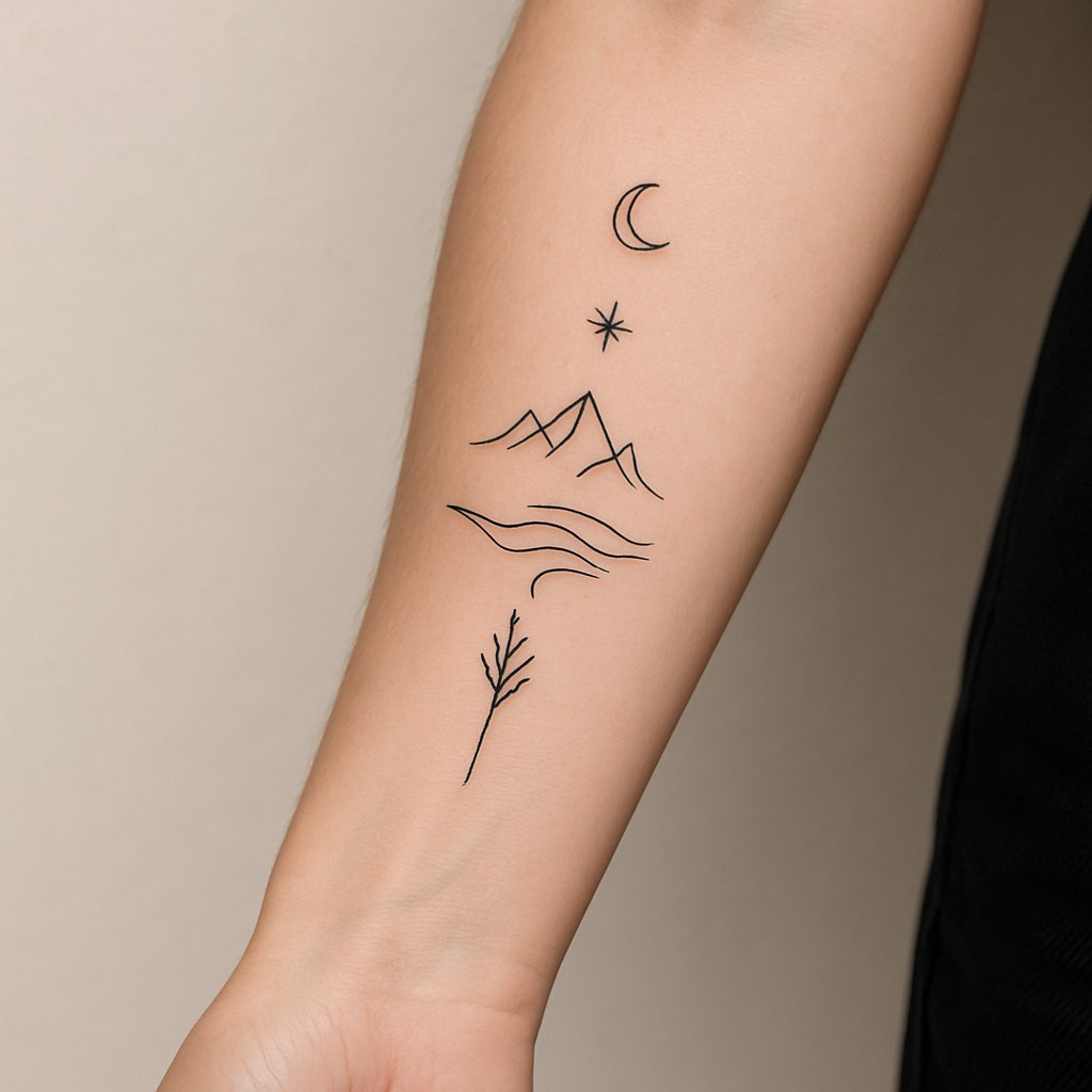 طراحی تتویی مینیمالیستی و شیک برای ساعد دست، با محوریت مفهومی منحصربه‌فرد و مدرن — شامل ترکیبی از طبیعت و اشکال هندسی، مانند کوه‌هایی با خطوط نازک که با موج صدا یا فرم‌های صوتی ترکیب شده‌اند، همراه با عناصر آسمانی ظریف مانند ماه کوچک یا ستاره‌ها — به سبک جوهر مشکی و تمیز، مناسب برای همه جنسیت‌ها، به‌صورت دقیق و هماهنگ در امتداد ساعد داخلی، بسیار زیبا و استایل‌دار، ساده اما پرمعنا، ایده‌آل برای بانوان و آقایان.