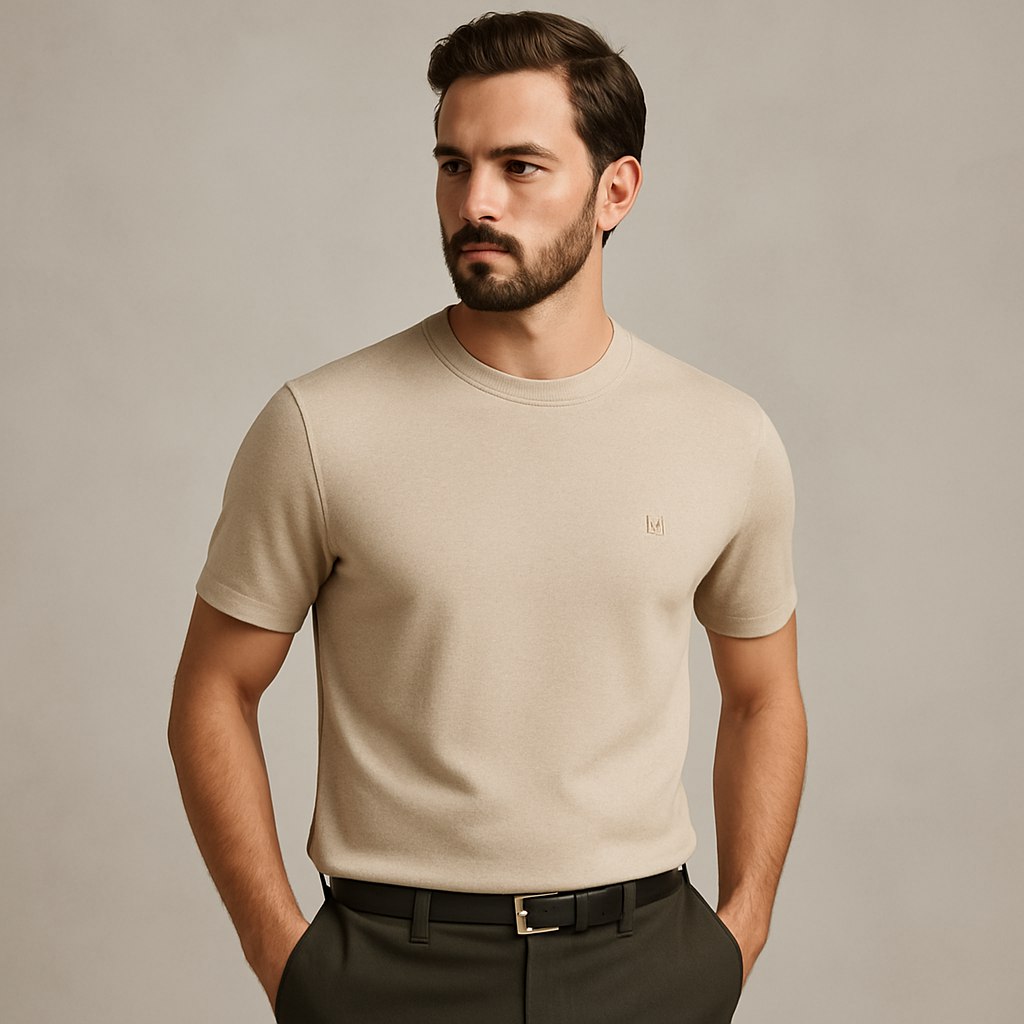 طراحی تیشرت مردانه لاکچری، شیک و مینیمال، مناسب برای یک برند مد سطح بالا. تیشرت باید دارای خطوط تمیز، الگوهای بسیار ظریف یا لوگوی کوچک و باوقار باشد. جنس پارچه باید بافتی لوکس داشته باشد (مانند پنبه‌ی اعلا، ترکیب ابریشم یا مدال). از رنگ‌های ترند و مناسب استایل لاکچری مردانه استفاده شود، مانند سورمه‌ای تیره، خاکستری زغالی، کرمی، عاجی، سبز زیتونی یا تون‌های ملایم طبیعت. زیبایی‌شناسی کلی باید مدرن، ظریف و مورد پسند آقایان خوش‌سلیقه و شیک‌پوش باشد. تیشرت روی مانکن ساده یا مدل مرد خوش‌لباس نمایش داده شود، در فضایی با پس‌زمینه‌ی استودیویی یا مینیمال.