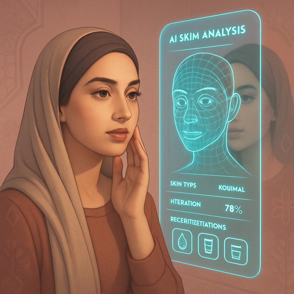 تصویری آینده‌نگر و شیک از تأثیر هوش مصنوعی در شخصی‌سازی مراقبت از پوست و زیبایی برای بانوان ایرانی. زنی مدرن و با چهره طبیعی در حال تحلیل چهره‌ خود از طریق آینه هوشمند یا هولوگرام تشخیص پوست مبتنی بر هوش مصنوعی؛ با نمایش لایه‌های دیجیتال شامل اطلاعاتی مثل نوع پوست، میزان رطوبت، و پیشنهاد محصولات مناسب. پس‌زمینه مدرن، نرم و زنانه است؛ همراه با جزئیات الهام‌گرفته از طرح‌های ایرانی (مثل نقوش هندسی لطیف یا گل‌های سنتی). نورپردازی تمیز، فضایی با حس تکنولوژیک و در عین حال صمیمی — ترکیبی از فناوری و زنانگی در صنعت زیبایی.