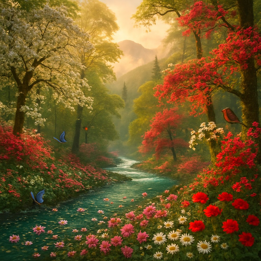 یک صحنه حماسی و پرانرژی از جنگل‌های بارانی شمال ایران در اوج بهار، با نورپردازی دراماتیک و رنگ‌های زنده و نشاط‌آور. ترکیبی از مه غلیظ و رقصان در میان درختان بلند و کهنسال، با برگ‌های سبز تازه و جوان که زیر نور طلایی غروب می‌درخشند. جریان خروشان یک رودخانه کریستالی با انعکاس آبی-سبز عمیق، همراه با شکوفه‌های سفید و صورتی درختان جنگلی که بر روی آب شناورند. درختان پرشکوفه، از ارکیده‌های وحشی تا درختان آزاد با گل‌های قرمز، در سراسر قاب پراکنده شده‌اند. در پس‌زمینه، کوه‌های مه‌آلود با ابرهای پف‌کرده بهاری، عمق بی‌پایان جنگل را نشان می‌دهند. پرتوهای طلایی خورشید از میان شاخه‌های پربرگ عبور کرده و بر روی فرشی از گل‌های بهاری، از شقایق‌های وحشی تا زنبق‌های سفید، می‌تابد. کیفیت فوق‌العاده HD، وضوح 8K، جزئیات هایپررئال، کنتراست بالا و رنگ‌های سینمایی با سایه‌های سبز زمردی، صورتی ملایم، آبی فیروزه‌ای و طلایی. ترکیب‌بندی حرفه‌ای با استفاده از قانون یک‌سوم و عمق میدان کم برای جلوه سه‌بعدی. 

نکات افزوده برای تقویت حس بهار:  
- شکوفه‌ها: انبوهی از گل‌های سفید و صورتی درختان ازاد (زالزالک)، شقایق‌های جنگلی و پیازچه‌های وحشی.  
- حیات وحش: پروانه‌های رنگارنگ در حال پرواز، یک پرنده مانند بلبل یا دارکوب روی شاخه‌های گل‌دار.  
- آب و هوا: رطوبت بهاری با قطرات شبنم روی برگ‌ها و تارهای عنکبوت پوشیده از قطره‌های باران.  
- نور: نور ملایم و طلایی ساعات آغازین صبح یا غروب، با هاله‌ای از مه گرم.