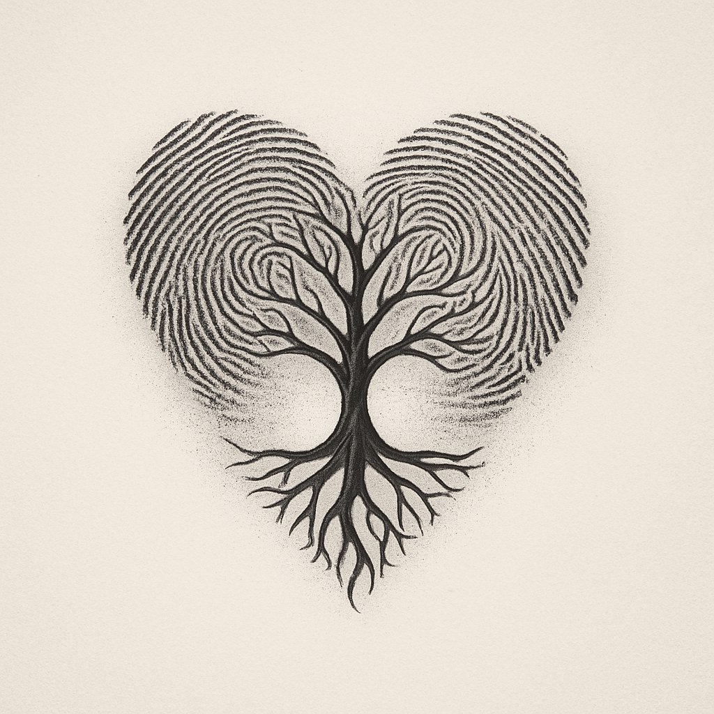 طرح تتویی خلاقانه و احساسی که اثر انگشت‌های پدر و مادر را ترکیب می‌کند. این اثر انگشت‌ها به شکلی هنرمندانه در قالب یک قلب یا درخت زندگی (Tree of Life) به هم تنیده شده‌اند و نمادی از ریشه‌های خانوادگی و عشق ابدی هستند. سبک تتو مینیمالیستی با خطوط ظریف و جوهر مشکی، همراه با سایه‌زنی‌های نرم. طرحی هنری، نمادین و پرمعنا که مناسب تتوی ساعد یا قفسه سینه است.