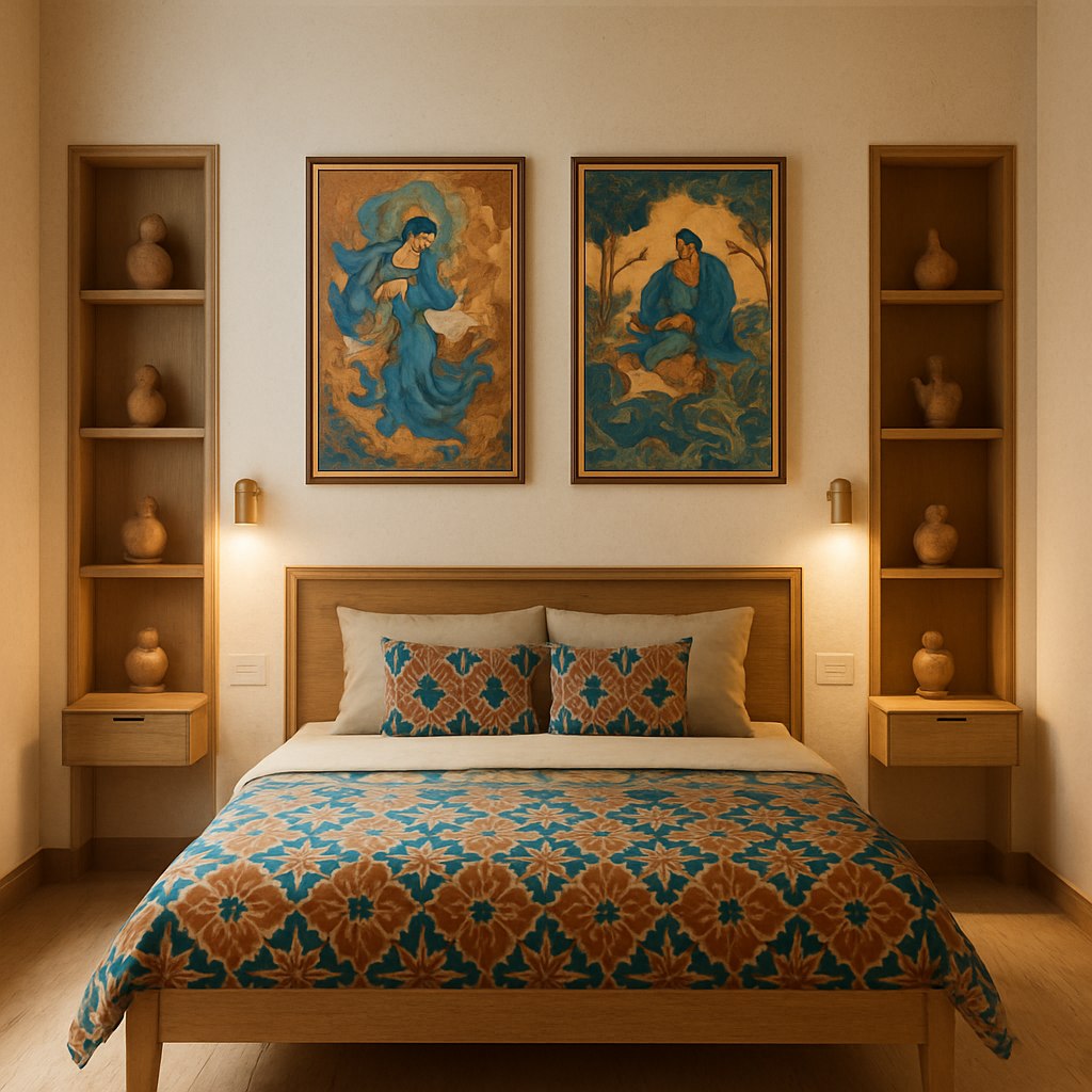 طراحی داخلی اتاق خواب به سبک ایرانی مدرن، تخت با قاب چوبی ساده، روتختی با طرح‌های هندسی ایرانی و نورپردازی ملایم، کنار تخت شلف‌هایی با مجسمه‌های کوچک سفالی و تابلوهای نقاشی مدرن با الهام از مینیاتور ایرانی.