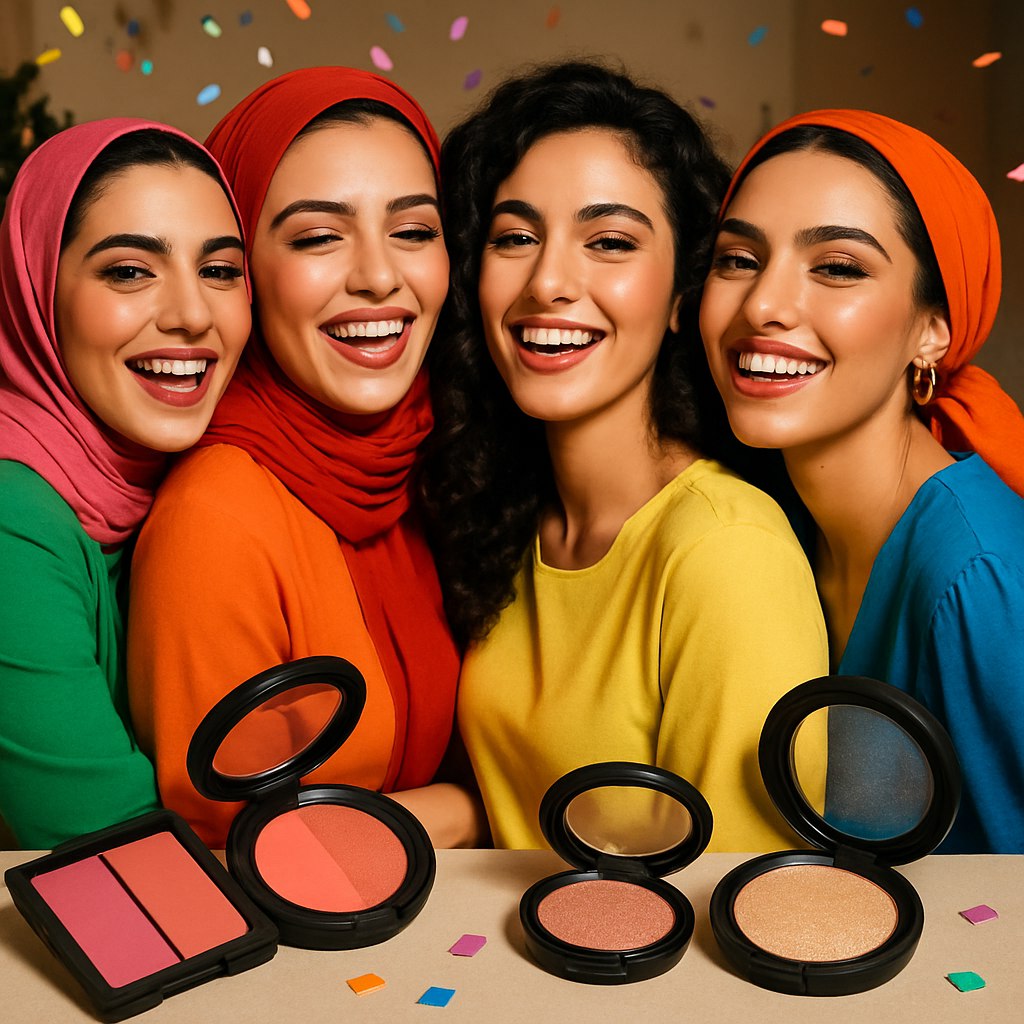 تصویر یک گروه از دوستان ایرانی در حال جشن گرفتن با لباس‌های رنگارنگ، آرایش‌های شیک و خیره‌کننده. محصولات آرایشی مانند رژگونه‌ها و هایلایترها در قاب تصویر نمایش داده شده‌اند