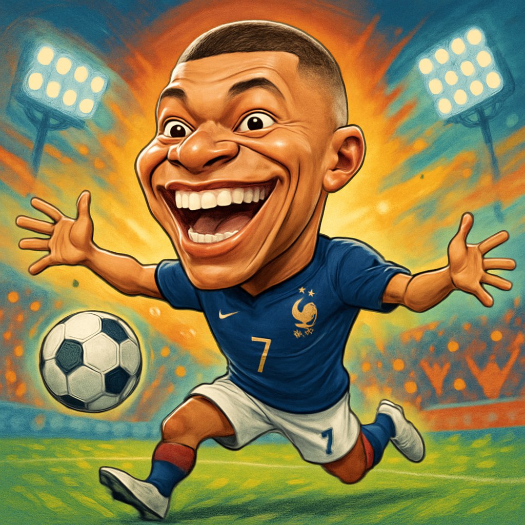 یک کاریکاتور پرانرژی و بامزه از کیلیان امباپه، ستاره‌ی فوتبال فرانسه. چهره‌اش به‌صورت اغراق‌آمیز طراحی شده است: لبخند پهن، چشم‌های درشت و پرهیجان، مدل موی خاصش به‌وضوح مشخص است. او در حال شادی پس از گل است، با ژستی معروف مثل باز کردن دست‌ها یا پریدن. لباس تیم ملی فرانسه یا باشگاه پاری‌سن‌ژرمن بر تن دارد، با جزئیات دقیق اما به سبک کارتونی. پس‌زمینه رنگارنگ و پویا است، پر از عناصر فوتبالی مثل توپ، نورافکن‌ها، و تماشاگران شاد. فضای تصویر شاد، فان، و پرانرژی است و برای طرفداران امباپه بسیار جذاب و سرگرم‌کننده طراحی شده.