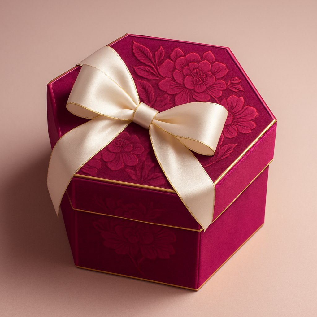 تصویر با کیفیت بالا از یک جعبه کادوی خاص، زیبا و منحصربه‌فرد که طراحی آن باعث ایجاد هیجان و شگفتی در بیننده شود. جعبه با شکل هندسی متفاوت (مثلاً شش‌ضلعی، قلبی، یا مکعب براق) با استفاده از متریال‌های لوکس مانند کاغذ مخملی، روبان ساتن براق، جزئیات طلایی یا متالیک، و پالت رنگی جذاب و انرژی‌بخش (مانند ترکیب قرمز و طلایی، آبی کاربنی و نقره‌ای، یا صورتی فلامینگو و سفید). طراحی ظاهری جعبه باید خاص و الهام‌بخش باشد – مانند جزئیات برجسته روی سطح، چاپ گل‌های هنری یا طرح مینیمال. نورپردازی به سبک استودیویی برای برجسته کردن بافت و رنگ‌ها. پس‌زمینه ساده یا لطیف برای تمرکز روی جعبه. تصویر باید حس شادی، انتظار، ظرافت و تجمل را القا کند.