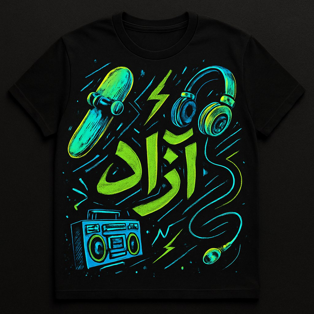 طراحی گرافیکی برای یک تی‌شرت جوان‌پسند و پرانرژی که از سبک گرافیتی شهری الهام گرفته شده باشد. استفاده از خطوط پویا، رنگ‌های نئونی مثل سبز فسفری و آبی درخشان، و المان‌هایی مثل کلمه 