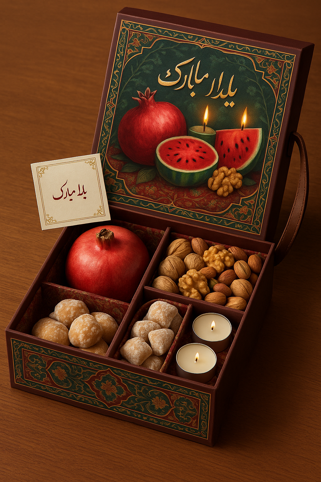 این عکس را تولید کن:
یک جعبه یلدایی شیک و مدرن با الهام از فرهنگ ایران: جعبه‌ای با طراحی سنتی و مدرن، شامل نقوش ظریف
 اسلیمی و رنگ‌های غنی مثل قرمز اناری، سبز یشمی، و طلایی. روی درب جعبه، یک تصویر هنری از انارهای دانه‌درشت، هندوانه و شمع‌های روشن در کنار عبارت **