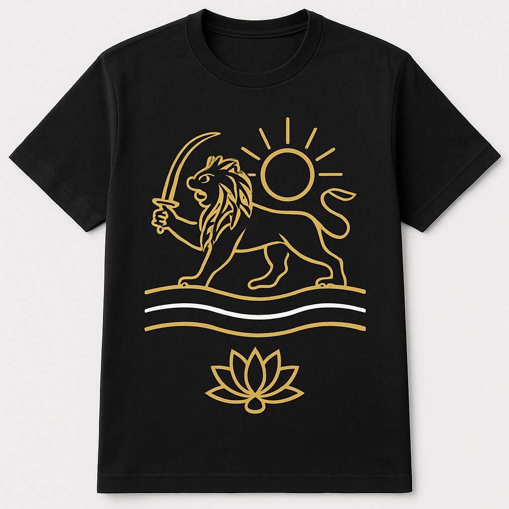 ترکیب نمادهای ایرانی مانند شیر و خورشید، گل نیلوفر، یا پرچم سه‌رنگ ایران، به‌صورت خطوط ساده و انتزاعی روی تی‌شرت. طرح با رنگ‌های محدود (مشکی، سفید، و طلایی) و سبک مدرن چاپ شده و حس هویت ملی را با استایلیش بودن تلفیق می‌کند