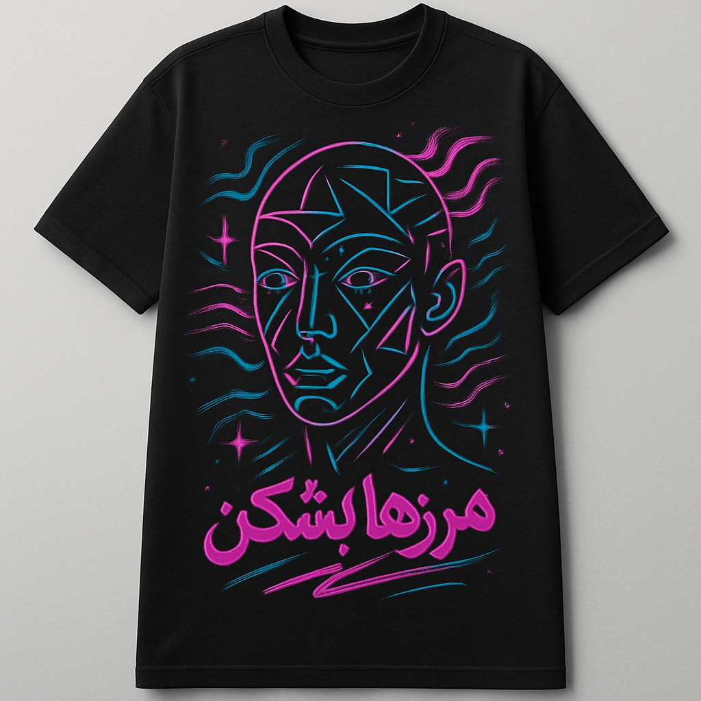 طرح تیشرت لانگ با سبک خیابانی و جوان‌پسند. ترکیب رنگ‌های نئونی مانند صورتی و آبی بر روی زمینه مشکی مات. گرافیک اصلی شامل یک چهره انتزاعی با جزئیات هندسی، همراه با المان‌های موج‌دار و خطوط پویا. در قسمت پایینی طرح، یک نوشته کوتاه و قدرتمند با فونت مدرن و جسورانه: 'Break the Norms' به زبان انگلیسی یا معادل فارسی 'مرزها را بشکن' با فونت گرافیتی. استفاده از اشکال درخشان و سایه‌های ظریف برای ایجاد حس حرکت و انرژی. خطوط ریز و جزئیات برجسته برای جذابیت بیشتر. مناسب برای استایل خیابانی و فرهنگی پرنشاط.