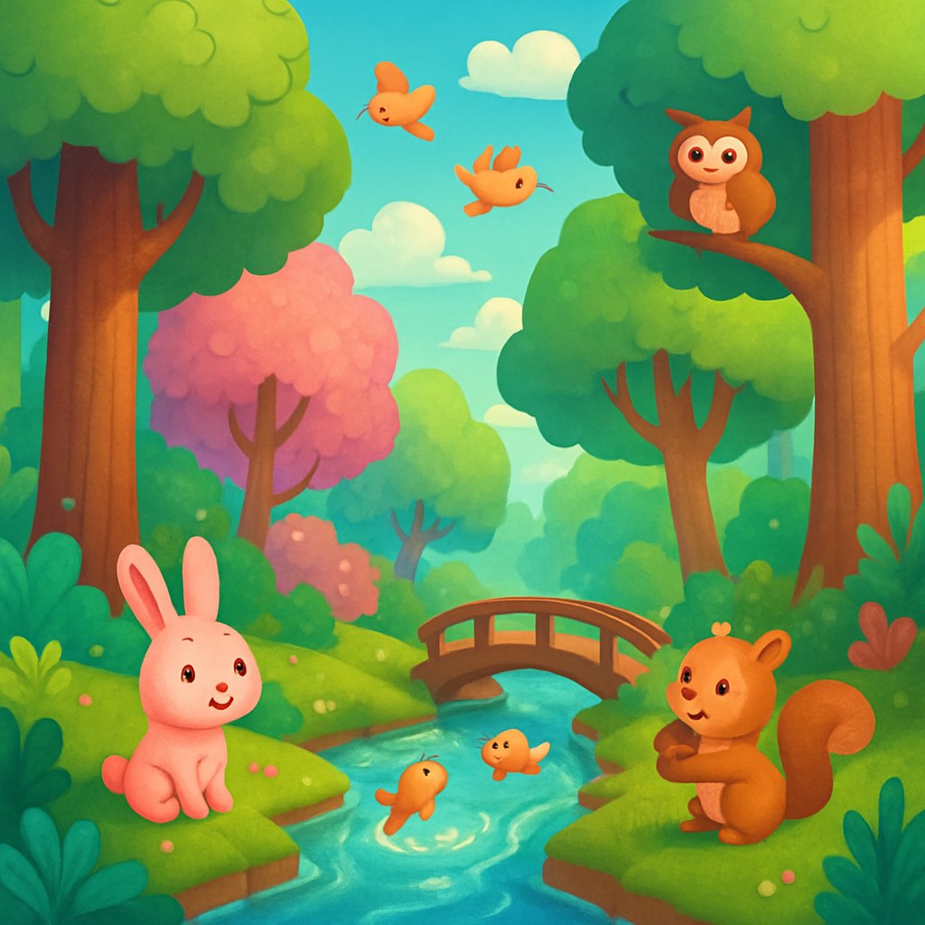تصویری خیره‌کننده و دلنشین از طبیعت کارتونی: یک جنگل سرسبز با درختان بلند و شاخ‌وبرگ‌های رنگارنگ در طیف رنگ‌های سبز، صورتی و آبی. رودخانه‌ای درخشان با جریان آرام و ماهی‌های رنگی کارتونی که از آن می‌جهند، همراه با پلی چوبی کوچک که روی رودخانه قرار دارد. آسمانی شفاف با ابرهای نرم و پرنده‌های کارتونی شاد در حال پرواز. حیوانات جنگلی کوچک مانند خرگوش، سنجاب و جغد با جزئیات بامزه و دوستانه در حال تعامل با یکدیگر. نورپردازی ملایم و زرد از نور خورشید که از لابلای شاخ‌وبرگ‌ها به زمین می‌تابد و حس آرامش و زندگی را القا می‌کند.