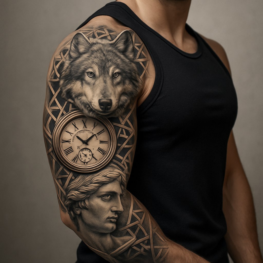 تتو کامل و مردانه روی دست عضلانی یک مرد، مناسب آقایان ۲۵ تا ۵۰ ساله. طراحی تتو ترکیبی خاص و هنرمندانه از الگوهای هندسی، نمادهای اسطوره‌ای، و عناصر رئالیستی سیاه و خاکستری مثل گرگ، ساعت، چشم یا مجسمه‌های باستانی است. سبک طراحی جسورانه اما شیک و با جزئیات دقیق و سایه‌زنی نرم. تصویر با کیفیت بالا و فوتورئالیستی، نورپردازی طبیعی، و پس‌زمینه خنثی برای تمرکز روی طرح تتو. بازو کمی منقبض شده تا خطوط تتو بهتر دیده شود