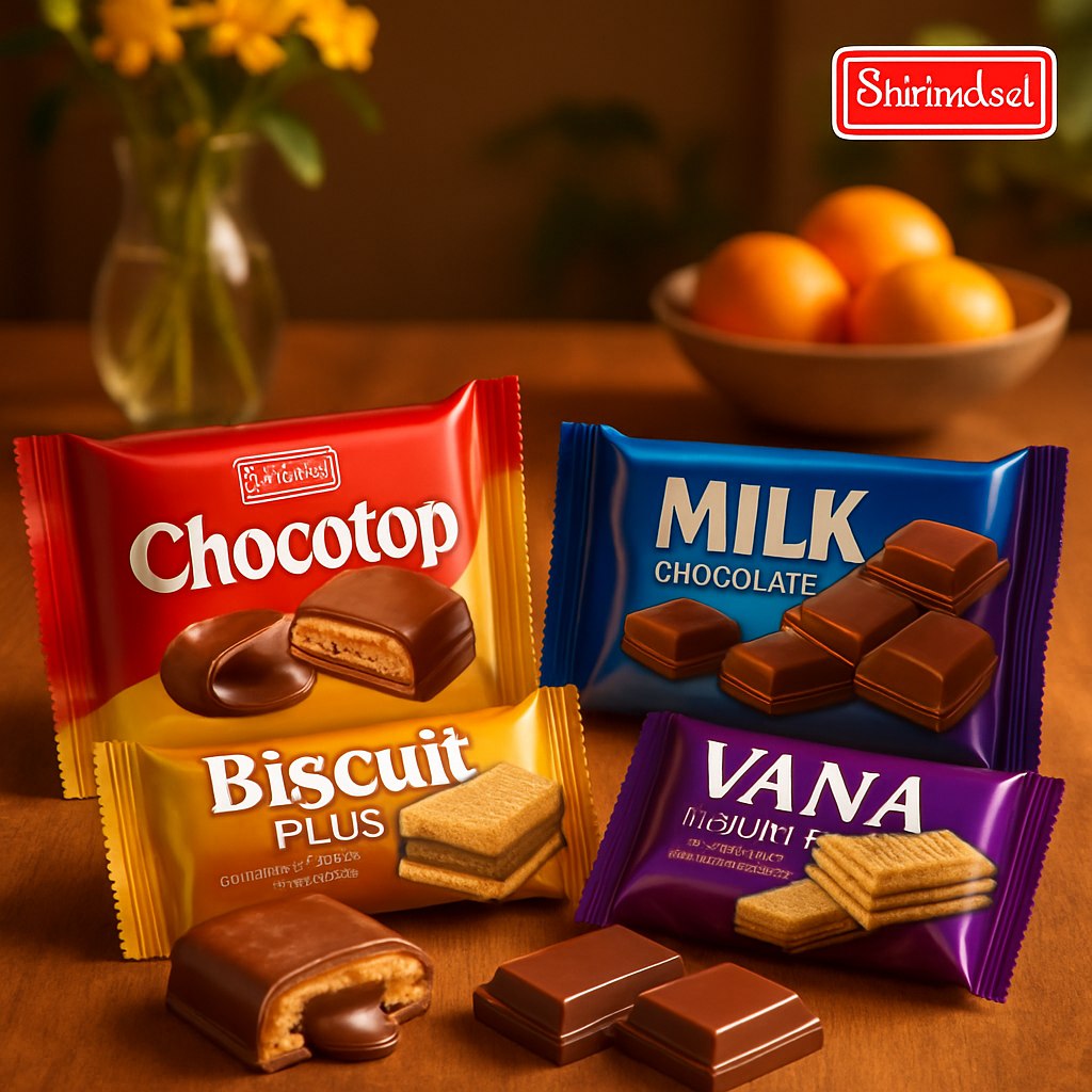 تصویری جذاب و مدرن از محصولات شیرین عسل: مجموعه‌ای از شکلات‌ها، بیسکوییت‌ها و ویفرهای متنوع با بسته‌بندی رنگارنگ و طراحی شیک که روی یک میز چوبی با بافت گرم قرار گرفته‌اند. نورپردازی نرم و طلایی که براقیت و کیفیت بالای بسته‌بندی محصولات را برجسته می‌کند. چند محصول باز شده که محتویات خوشمزه و لایه‌های آن‌ها، مانند شکلات روان یا بیسکوییت‌های ترد، به‌وضوح دیده می‌شود. در پس‌زمینه، یک فضای خانوادگی دلنشین با عناصر طبیعی مانند گل‌ها و میوه‌های تازه که حس طبیعی و خوش‌طعمی محصولات را تقویت می‌کند. لوگوی شیرین عسل در گوشه تصویر به‌طور برجسته دیده می‌شود.