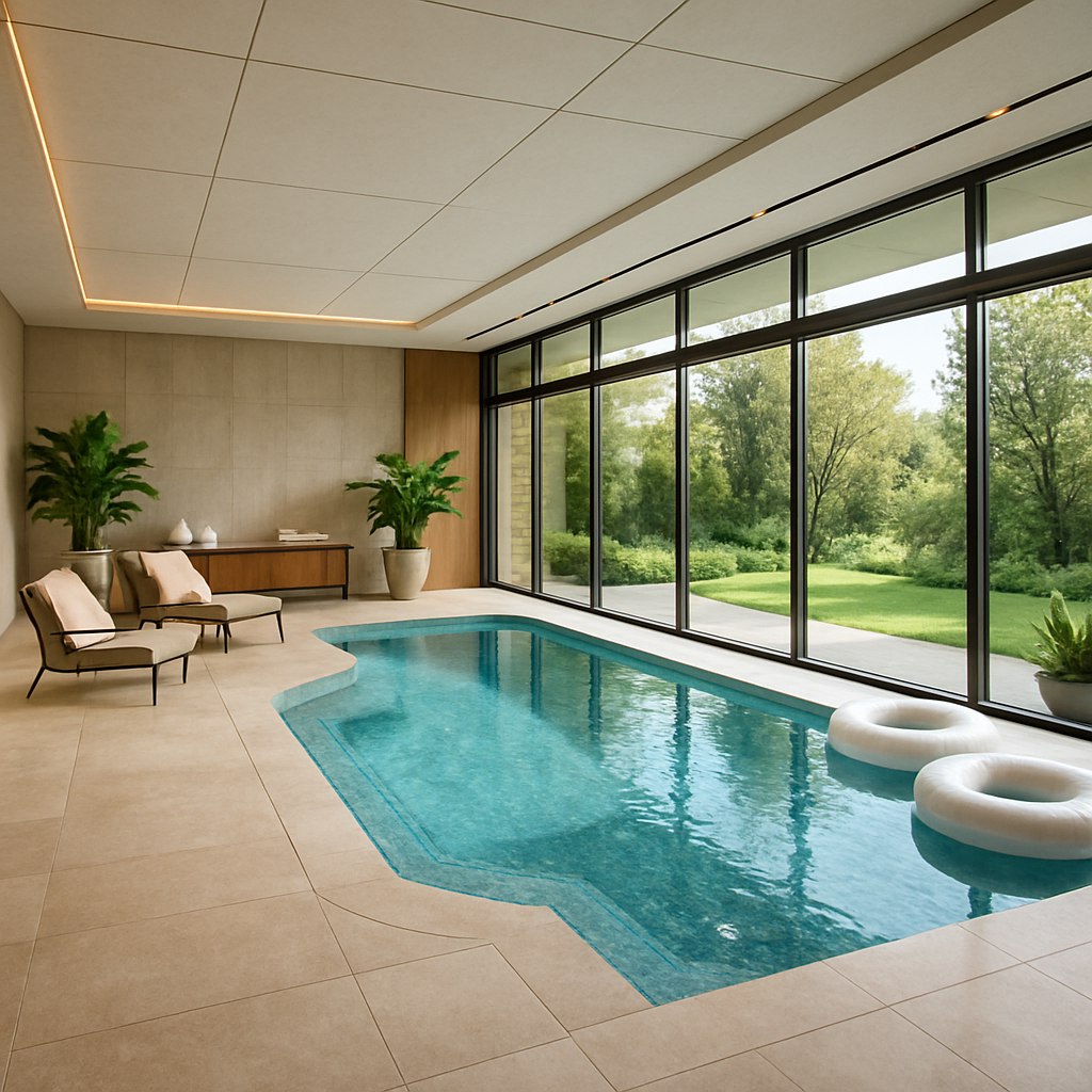 تصویری فوق‌واقعی با کیفیت بالا از طراحی داخلی یک استخر سرپوشیده لوکس و مدرن. فضا بزرگ، دلباز و روشن است. پنجره‌های سراسری از کف تا سقف، نور طبیعی فراوانی وارد فضا می‌کنند و منظره‌ای سرسبز از باغ یا فضای بیرونی را به نمایش می‌گذارند. استخر طراحی خاص و معمارانه‌ای دارد، با آب زلال، شفاف و آرام. اطراف استخر با اکسسوری‌های شیک تزیین شده است: صندلی‌های راحتی مدرن، تیوپ‌های شنا، حوله‌های سفید رول‌شده، گلدان‌های سبز، و نورپردازی محیطی ملایم. طراحی داخلی ترکیبی از سنگ روشن، چوب گرم و دکوراسیون مینیمال دارد. نورپردازی طبیعی و تمیز، حس آرامش و لوکس بودن یک مرکز سلامتی مدرن را القا می‌کند. تصویر مانند عکسی واقعی با دوربین حرفه‌ای است.