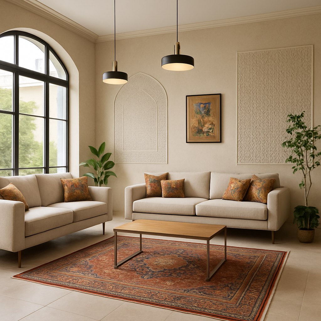 تصویری از طراحی داخلی یک سالن پذیرایی با ترکیبی از سبک ایرانی و مدرن: فضایی باز و روشن با پنجره‌های بزرگ که نور طبیعی را وارد می‌کند. دیوارها با رنگ خنثی و الگوهای ظریف الهام گرفته از هنر ایرانی، مانند گچ‌بری‌های مدرن یا طرح‌های هندسی کاشی‌کاری، تزئین شده‌اند. مبلمان شامل کاناپه‌های راحت با پارچه‌ای ساده و کوسن‌هایی با طرح‌های مینیاتوری ایرانی در رنگ‌های گرم. فرش دستباف کوچک با الگوهای سنتی ایرانی در مرکز فضا قرار گرفته، در حالی که میز پذیرایی مینیمال با سطح چوبی و پایه‌های فلزی براق دیده می‌شود. چراغ‌های سقفی مدرن با جزئیات فلزی و نورپردازی ملایم به جذابیت فضا اضافه می‌کنند. گیاهان آپارتمانی در گوشه‌ها و آثار هنری معاصر الهام‌گرفته از فرهنگ ایرانی روی دیوارها دیده می‌شوند.