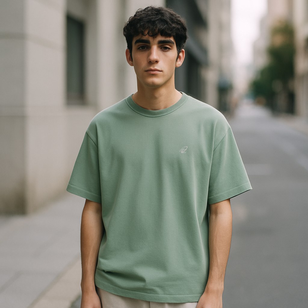 تیشرت باکسی (اورسایز) مناسب دختران و پسران جوان، با طراحی مینیمال و شیک. رنگ‌ها شامل رنگ‌های خنثی یا پاستلی مانند بژ، سبز مریم‌گلی، خاکستری روشن یا یاسی ملایم. دارای یک گرافیک ساده یا لوگوی کوچک. مدل در محیطی ساده یا شهری ایستاده، نورپردازی طبیعی و ملایم. استایل مدرن، مینیمال و الهام‌گرفته از استایل خیابانی، بدون جنسیت مشخص.