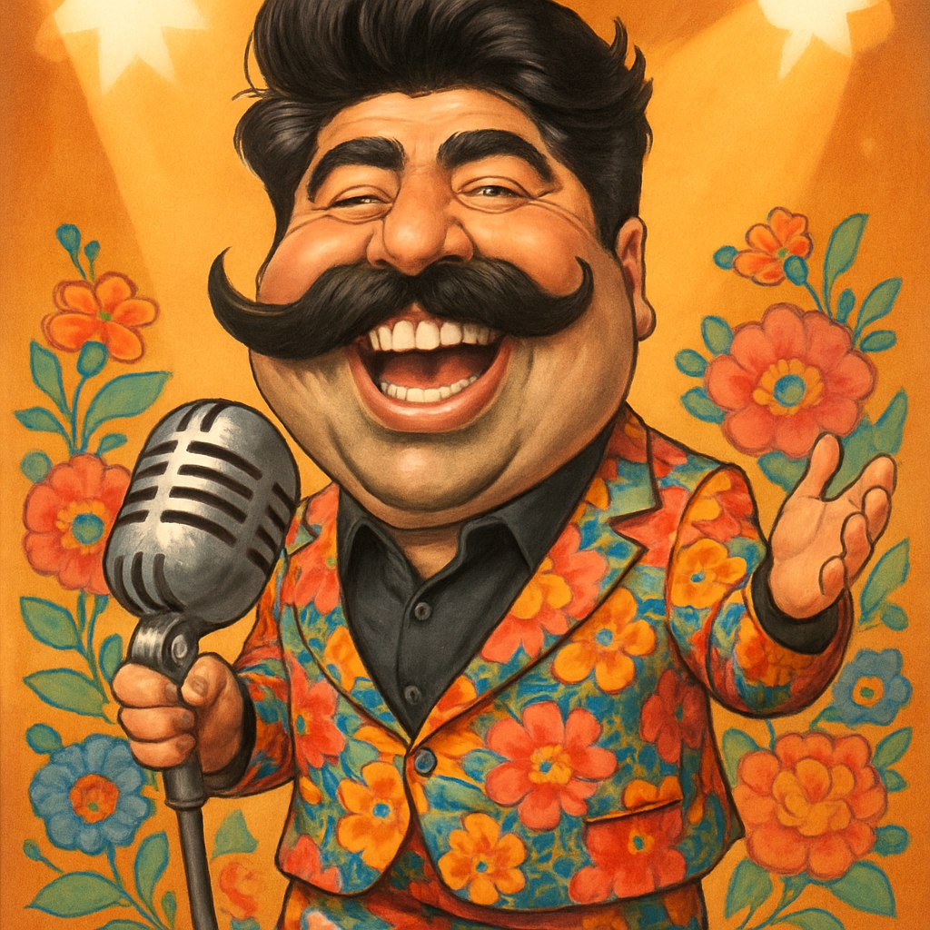 یک کاریکاتور فان و جذاب از بهنام بانی طراحی کن! لبخند معروف و سبیل جذابش باید بزرگ‌تر و برجسته‌تر از همیشه باشه. او را در حال خواندن روی یک صحنه با میکروفون بزرگ و عجیب طراحی کن، با پس‌زمینه‌ای از گل‌های ایرانی و نورافکن‌های درخشان. لباسش می‌تونه یک کت‌وشلوار گلدار رنگارنگ و کمی اغراق‌شده باشه. حالت کلی تصویر باید شاد، پرانرژی و خنده‌دار باشه!