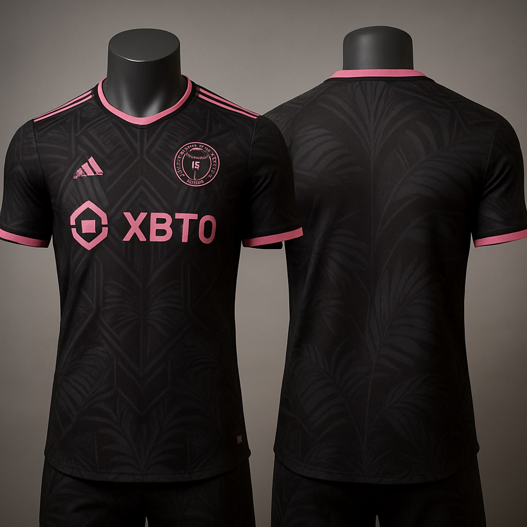 یک تیشرت مدرن و شیک تیم فوتبال اینتر میامی، نمایش داده‌شده روی مانکن از نمای جلو و پشت. طراحی با زمینه مشکی تیره و جزئیات صورتی پررنگ، با الگوهای هندسی الهام‌گرفته از شب‌های میامی و سبک آرت‌دکو. لوگوی باشگاه (با حواصیل‌های سفید) به‌صورت برجسته روی سینه. طرح‌های نخل به‌صورت محو روی پارچه دیده می‌شود. فرم تیشرت جذب بدن و ورزشی است. لوگوی اسپانسر ساده و مینیمال در جلو. پس‌زمینه استودیویی با نور ملایم برای نمایش بافت و کیفیت پارچه. زیبا، مدرن و مورد پسند عموم.