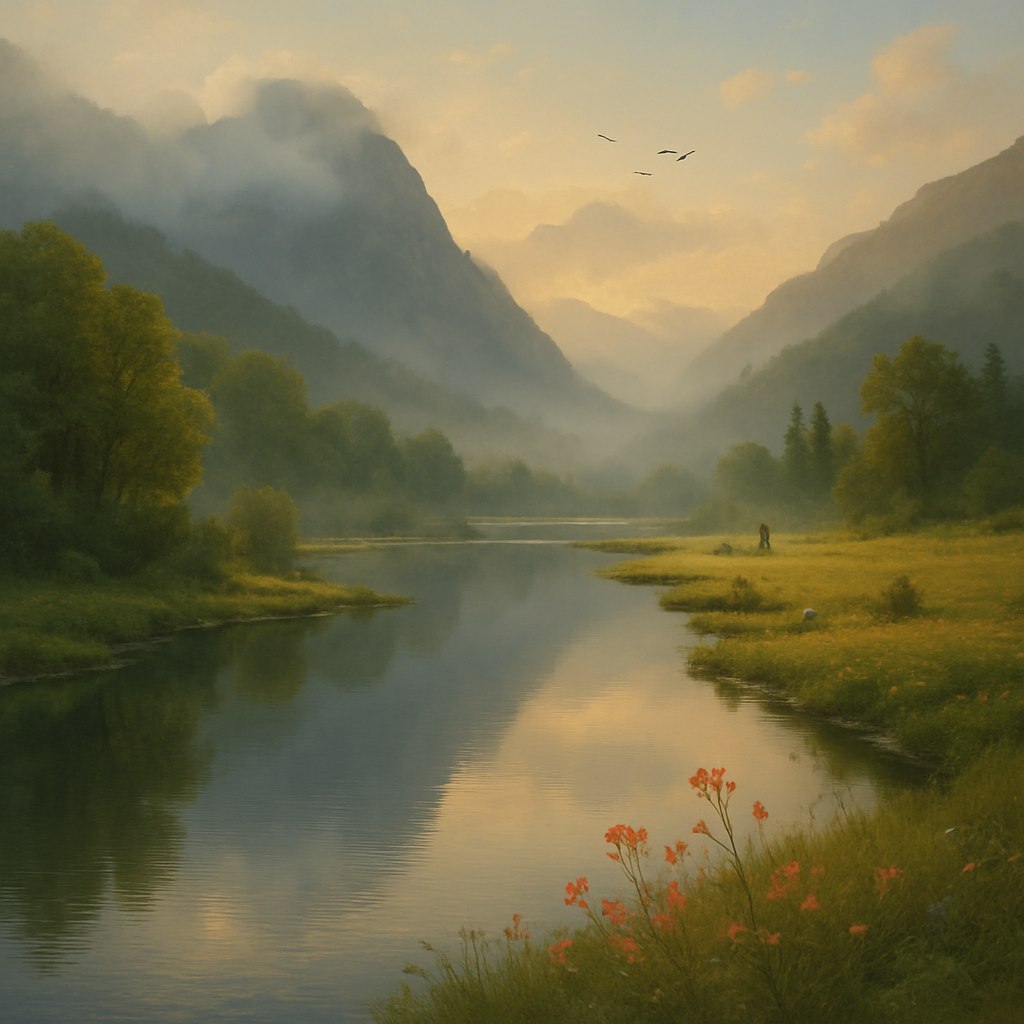 سبک و ترکیب‌بندی:  
- نور طبیعی و ملایم: ساعت طلایی (غروب یا طلوع آفتاب) با سایه‌روشن‌های ظریف برای ایجاد عمق و حس گرما.  
- پالت رنگی هماهنگ: ترکیبی از سبزهای ملایم (جنگل‌های شمال)، آبی آسمان صاف، طلایی نور خورشید، و زمین‌های اُخرایی (کویر و کوهستان).  
- کادربندی: ترکیبی از طبیعت گسترده (مثل دشت، کوهستان یا دریاچه) + جزئیات ظریف (مثل گل‌های وحشی، پرندگان در حال پرواز، یا جویبار روان).  

عناصر پیشنهادی:  
1. کوهستان‌های پوشیده از مه (مثل دنا یا البرز) با انعکاس در یک دریاچهٔ زلال.  
2. جنگل‌های هیرکانی با نورهای رقصان از لابهلای درختان قدیمی و سرخس‌های سبز.  
3. دشت‌های پرگل (مثل دشت لاله‌های واژگون فلات مرکزی یا شقایق‌های خودرو).  
4. کویر و تپه‌های شنی با خطوط نرم و سایه‌های طولانی در غروب.  
5. آبشار یا رودخانهٔ کوهستانی با آب فیروزه‌ای و سنگ‌های صیقلی.  

جزئیات افزودنی برای حس دلنشین:  
- مه ملایم برای ایجاد حس رازآلودگی و آرامش.  
- پرندگان در حال پرواز (مثل عقاب یا چلچله) برای افزودن حرکت و زندگی.  
- گل‌های ریز خودرو در پیش‌زمینه برای تمرکز بصری.  
- انسان یا حیوانات در دوردست (مثل چوپان یا گله‌ای از گوسفندان) برای القای مقیاس و روایت.  

تنظیمات رنگ و نور:  
- کنتراست ملایم با هایلایت‌های نرم و سایه‌های کم‌عمق.  
- اشباع رنگ‌ها متوسط (نه خیلی تند، نه خیلی مات) برای طبیعی‌بودن.  
- تمرکز روی بافت‌ها: بافت برگ‌ها، آب، و سنگ‌ها برای حس واقع‌گرایی.  

نکته نهایی:  
این تصویر باید بیننده را به فضایی آرام، پاک و الهام‌بخش دعوت کند، گویی می‌توان برای لحظه‌ای از شلوغی زندگی فرار کرد و در زیبایی بکر ایران غرق شد.