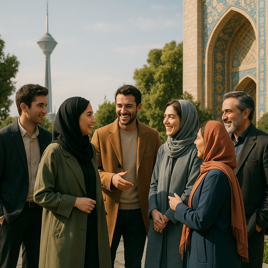 عکسی مستندگونه، گرم و پرانرژی از مردم ایران در سال ۲۰۲۵، در فضایی شهری و زیبا با حضور نمادهای معروف ایرانی در پس‌زمینه — مانند برج میلاد، برج آزادی، یا کاشی‌کاری‌های سنتی ایرانی — گروهی از مردان و زنان در سنین مختلف، در حال گفت‌وگو و تعامل شاد و محترمانه، با پوششی مدرن و شیک که در عین حال عناصر فرهنگی را حفظ کرده است (مانتوها، شال‌ها، کت‌های بلند، لباس‌هایی پوشیده اما خوش‌استایل) — فضای کلی صمیمی و واقعی است، ترکیبی از زندگی مدرن ایرانی با میراث فرهنگی — محیط‌هایی مثل پارک‌های سرسبز، پیاده‌روهای تمیز، کافه‌ها یا میدان‌های شهری، با رنگ‌بندی سینمایی — تصویری از وحدت، مدرنیته، سنت و زیبایی زندگی روزمره در ایران امروز.