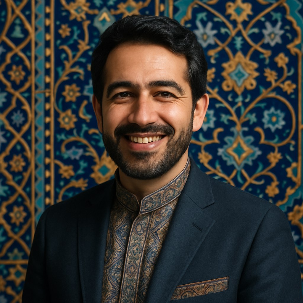 تصویری از یک فرد ایرانی طراحی کن که در حال لبخند زدن است و پشت‌زمینه شامل کاشی‌کاری سنتی ایرانی با رنگ‌های آبی و طلایی باشد. نور ملایم روی چهره بیافتد و لباس فرد ترکیبی از استایل مدرن و سنتی باشد. حس تصویر باید ترکیبی از اصالت و مدرنیته را منتقل کند.
