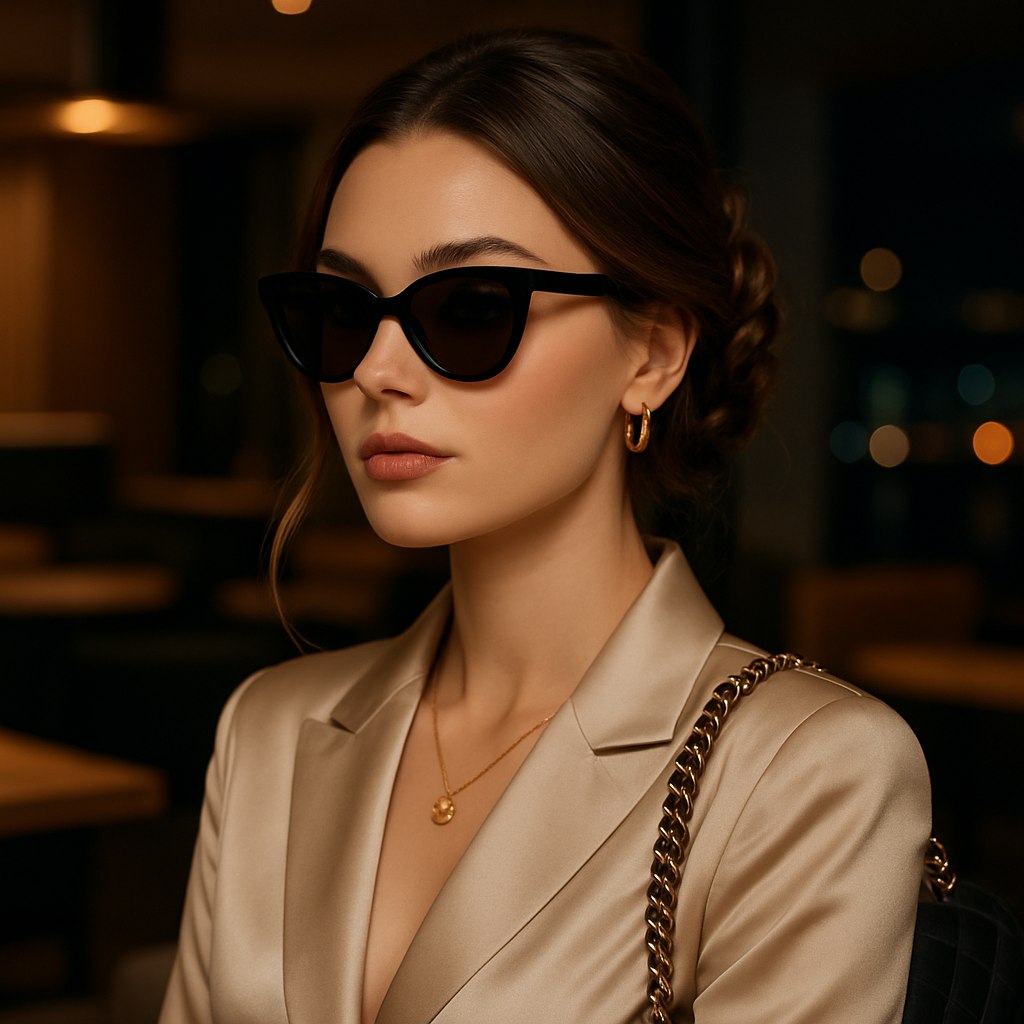 یک عکس پروفایل دخترانه لاکچری، دختر جوان با چهره‌ای شیک و آرایش ملایم و حرفه‌ای (هایلایت‌های طبیعی، رژ لب نود یا صورتی ملایم)، موهای مرتب و خوش‌حالت (باز و موج‌دار یا مدل گوجه‌ای بافته شده). پوشش مد روز و شیک مانند یک بلوز ابریشمی یا کت‌وشلوار ساده اما لوکس. جزئیاتی مانند جواهرات ظریف (گردنبند یا گوشواره طلایی) و اکسسوری‌هایی مانند عینک آفتابی، کیف دستی برند یا ساعت شیک. پس‌زمینه یک محیط لاکچری مانند یک کافه مدرن، فضای داخلی با طراحی مینیمال یا منظره یک شهر با چراغ‌های شب. نورپردازی حرفه‌ای و متعادل که چهره را برجسته کند. سبک عکس با حس و حال یک مجله مد، با کیفیت بالا و رنگ‌های گرم و جذاب.