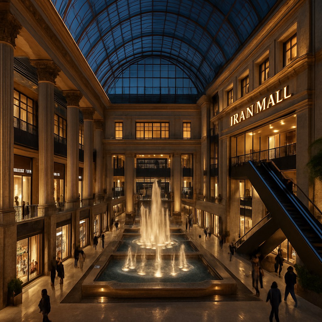 تصویری سه‌بعدی با کیفیت بسیار بالا، واقع‌گرایانه و با نورپردازی حرفه‌ای از مرکز تجاری ایران‌مال، بزرگ‌ترین مال خاورمیانه. نمای خارجی یا داخلی ایران‌مال با جزئیات کامل معماری مدرن و لوکس آن نمایش داده شده است. ستون‌های بلند، سقف‌های شیشه‌ای، آب‌نماهای مجلل، نورپردازی گرم و فضاهای باز و شیک داخلی در تصویر دیده می‌شوند. بازتاب نور روی سطوح براق و سنگی، جزئیات دقیق معماری کلاسیک-مدرن، ویترین فروشگاه‌ها، پله‌برقی‌ها و حضور مردم به‌صورت طبیعی و پرتحرک در محیط باعث واقع‌گرایی بالا در تصویر شده‌اند. نورپردازی تصویر جذاب، زنده و حرفه‌ای است؛ به‌گونه‌ای که تصویر شبیه به یک عکس واقعی ثبت‌شده با دوربین DSLR در ساعت طلایی روز یا در نورپردازی شب هنگام باشد.