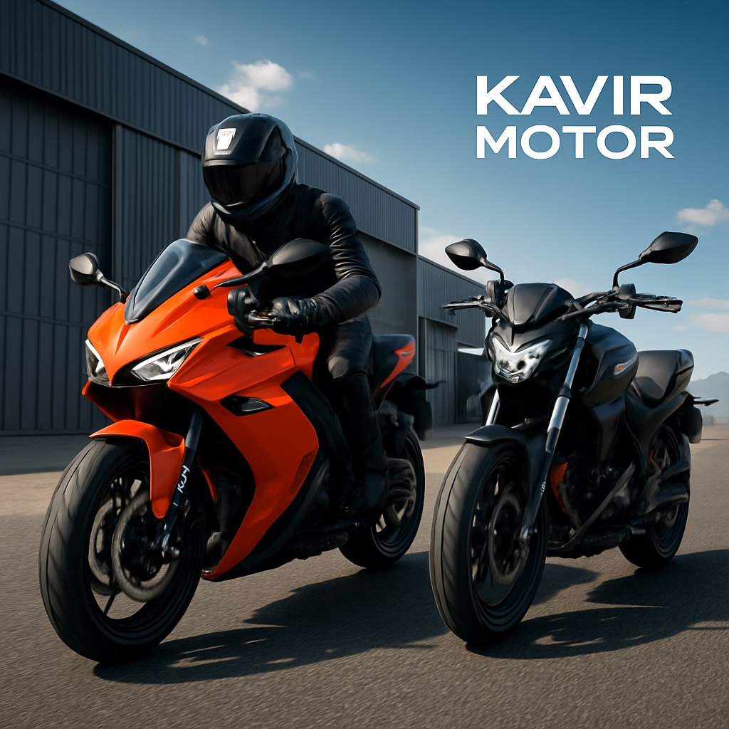 تصویری جذاب و مدرن از محصولات کویر موتور: موتورسیکلت‌های اسپرت و شهری در محیطی صنعتی و حرفه‌ای، با نورپردازی پویا و سایه‌های نرم که خطوط بدنه و طراحی دینامیک موتورها را برجسته می‌کند. موتورسیکلت‌ها در حال حرکت روی جاده‌ای آسفالت‌شده با پس‌زمینه‌ای از آسمان آبی و کوه‌های دوردست قرار دارند. جزئیات مثل انعکاس نور روی بدنه فلزی، تایرهای برجسته، و طراحی ارگونومیک موتور به‌وضوح نمایش داده شوند. یک موتورسوار با تجهیزات کامل و کلاه ایمنی با طراحی آینده‌نگر، به تصویر هیجان و سرعت اضافه می‌کند. برند کویر موتور با فونتی مدرن و تمیز در گوشه تصویر دیده می‌شود.