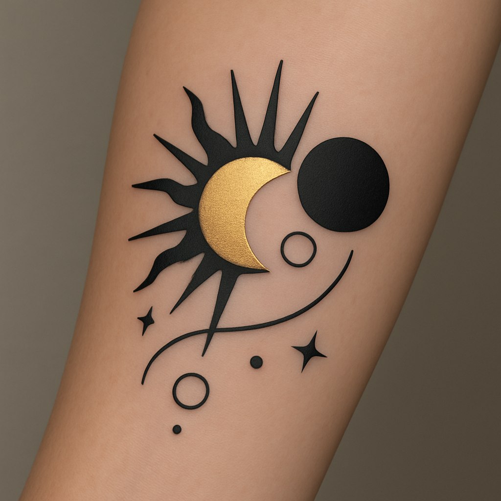 طرح تتو موقت با سبک مدرن و انتزاعی. طراحی شامل خطوط مینیمال و هندسی که یک خورشید با اشعه‌های شکسته و منحنی را به تصویر می‌کشد، همراه با یک ماه کامل که در نزدیکی خورشید قرار گرفته است. در اطراف این المان‌ها، اشکال کوچک مانند ستاره‌های ریز، حلقه‌های نئونی و نقاط برجسته قرار دارند. رنگ‌بندی شامل ترکیب مشکی مات و طلایی متالیک برای ایجاد کنتراست و حس لوکس بودن. طرح بر روی ساعد دست یا مچ طراحی شده و در پس‌زمینه دست، بافتی صاف و نورپردازی ملایم به تصویر جذابیت می‌بخشد. حس کلی طراحی مدرن، متفاوت و مناسب افرادی که به دنبال طرح‌های خاص و جدید هستند.