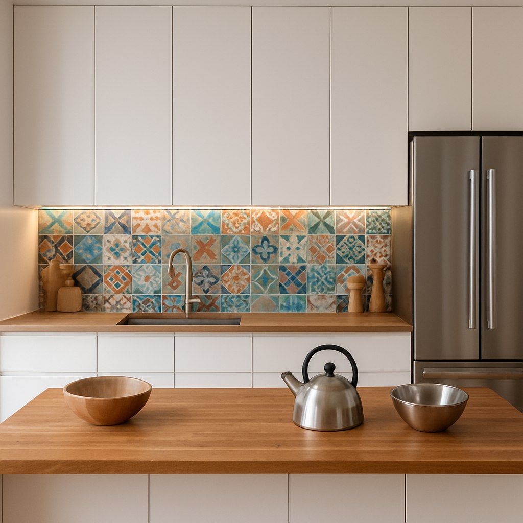 آشپزخانه‌ای مدرن با کابینت‌های سفید و جزیره چوبی، دیوار پشت سینک با کاشی‌های سنتی ایرانی به شکل هندسی اما با رنگ‌های مدرن و نور مخفی LED، همراه با وسایل آشپزخانه استیل و روکش چوب طبیعی.