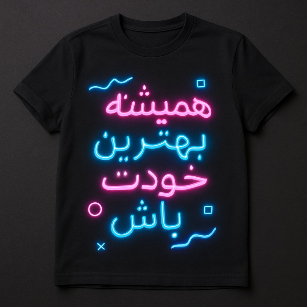 یک تی‌شرت مشکی با یک جمله انگیزشی فارسی (مانند 'همیشه بهترین خودت باش') به‌صورت تایپوگرافی نئونی با رنگ‌های صورتی و آبی. در اطراف متن، خطوط موج‌دار یا اشکال هندسی نورانی طراحی شده‌اند. این طرح برای مخاطبان جوان و علاقه‌مندان به مد روز مناسب است.