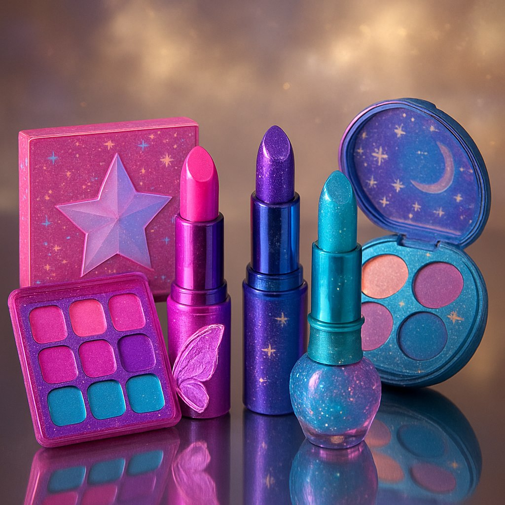 تصویری جذاب و خیره‌کننده از لوازم آرایشی فانتزی: مجموعه‌ای از رژلب‌ها، پالت‌های سایه چشم، و لاک ناخن با طراحی‌های فانتزی و رنگ‌های زنده مانند صورتی نئونی، بنفش کهکشانی و آبی آکوامارین. بسته‌بندی‌ها با الهام از کهکشان و ستاره‌ها، شامل اکلیل‌های براق و نقش‌های آسمانی. محصولات روی سطحی آینه‌ای قرار گرفته‌اند که انعکاس آن‌ها به تصویر عمق می‌بخشد. در پس‌زمینه، مه نرم با رنگ‌های ترکیبی از طلایی و نقره‌ای همراه با نورپردازی ملایم و الهام‌بخش دیده می‌شود. المان‌های فانتزی مثل بال پروانه یا طرح‌های هولوگرافیک بر روی محصولات برای زیبایی بصری اضافه شده‌اند.