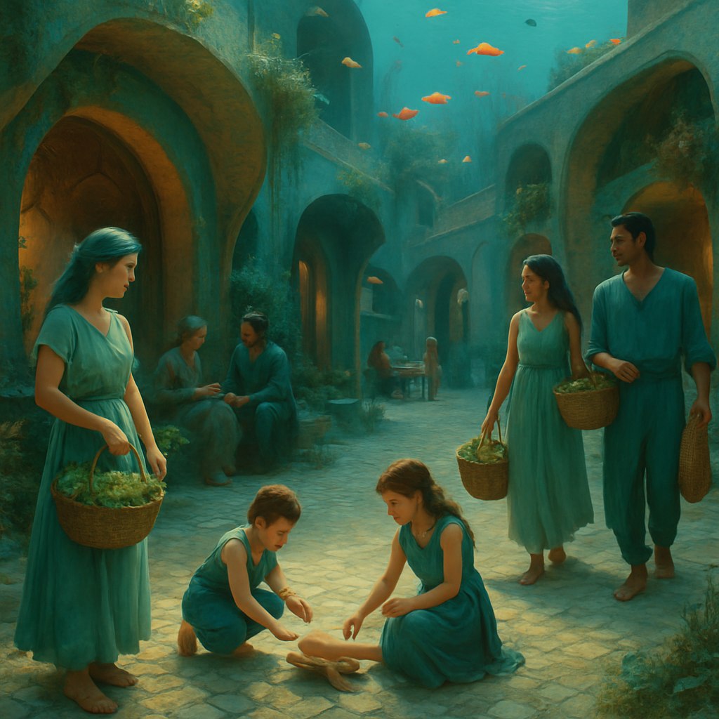 تصویری طبیعی و زنده از یک محله مسکونی در شهر زیرآبی آتلانتیس، با نورپردازی ملایم و رنگ‌های واقعی. چند خانواده آتلانتیسی در حال انجام فعالیت‌های عادی خود در محیطی هستند که تلفیقی هوشمندانه از فناوری پیشرفته و طبیعت را نمایش می‌دهد.

جزئیات صحنه:
- معماری ارگانیک با دیوارهای منحنی از جنس سنگ‌های مرجانی طبیعی و شیشه‌های تقویت شده
- خانه‌هایی با فرم‌های سیال که با مرجان‌های زنده و گیاهان دریایی تزئین شده‌اند
- خیابان‌های سنگفرش شده با موزاییک‌های صدفی که نور را به آرامی منعکس می‌کنند
- سیستم‌های نوری بیولومینسانت که به صورت طبیعی در سقف‌ها و دیوارها جاسازی شده‌اند

مردم آتلانتیس:
- زنان و مردانی با لباس‌های پارچه‌ای سبک و جریان‌دار در رنگ‌های آبی‌کمرنگ، سبز دریایی و یشمی
- کودکان در حال بازی با موجودات دریایی کوچک و بی‌آزار
- برخی افراد در حال گفتگو روی نیمکت‌های سنگی پوشیده از خزه
- تعدادی در حال حمل سبدهای بافته شده از علف‌های دریایی حاوی میوه‌ها و سبزیجات دریایی

عناصر طبیعی:
- دسته‌های ماهی‌های رنگارنگ که آرام در میان ساختمان‌ها شنا می‌کنند
- جریان‌های ملایم آب که موها و لباس‌ها را به نرمی تکان می‌دهد
- گیاهان دریایی که به صورت طبیعی در معماری رشد کرده‌اند
- حباب‌های اکسیژن که از سیستم‌های تنفسی ساختمان‌ها خارج می‌شوند

نورپردازی:
- نور طبیعی خورشید که از سطح آب فیلتر شده و به رنگ آبی‌سبز ملایمی درآمده
- نورهای گرم و زرد سیستم‌های بیولومینسانت در ساعات عصر
- انعکاس‌های طبیعی روی سطوح مرطوب و صیقلی

زاویه دید:
نمایی در سطح چشم از یک پیاده‌روی محله، با عمق میدان مناسب که هم زندگی مردم و هم جزئیات معماری را نشان می‌دهد. ترکیب‌بندی به گونه‌ای است که حس یک جامعه زنده و پویا را انتقال دهد.

سبک:
واقع‌گرایی جادویی با تأکید بر جنبه‌های باورپذیر و طبیعی این تمدن زیرآبی، بدون اغراق در فناوری یا عناصر فانتزی.