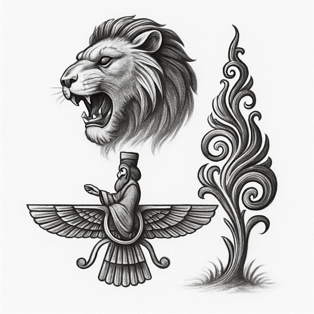 طرح تتوی مردانه با معنی عمیق، الهام‌گرفته از فرهنگ و فلسفه ایرانی — شامل عناصری مانند شیر قدرتمند، خوشنویسی فارسی (با کلماتی مانند آزادی، قدرت، ایمان) یا نمادهای باستانی ایرانی (مثل فروهر، سرو، یا خورشید زرتشتی). طراحی سیاه و خاکستری، با جزئیات ظریف و شکیل اما مردانه و قوی. مناسب برای بازو، سینه یا پشت. دارای نمادگرایی عمیق، زیبایی‌شناسی مدرن ایرانی، و حال‌وهوای مردانه اصیل. خطوط تمیز، بدون شلوغی.