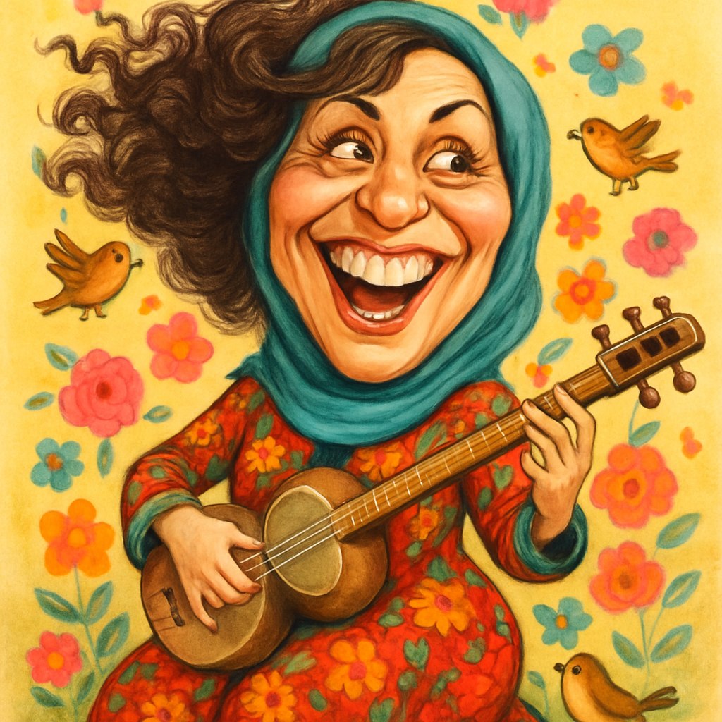 یک کاریکاتور بامزه و فان از مرجانه گلچین طراحی کن! خنده معروف و چشم‌های درخشانش باید در مرکز توجه باشه و خیلی اغراق‌شده باشه. او را در حال نواختن یک ساز سنتی (مثل دف یا تار) طراحی کن، با موهای فرفری بلند که انگار باد اونا رو می‌رقصونه. لباسش می‌تونه یک پیراهن سنتی ایرانی با رنگ‌های شاد و گلدار باشه. پس‌زمینه پر از گل‌های رنگی و پرنده‌های کوچک باشه، و حال و هوای تصویر شاد و پر از زندگی!