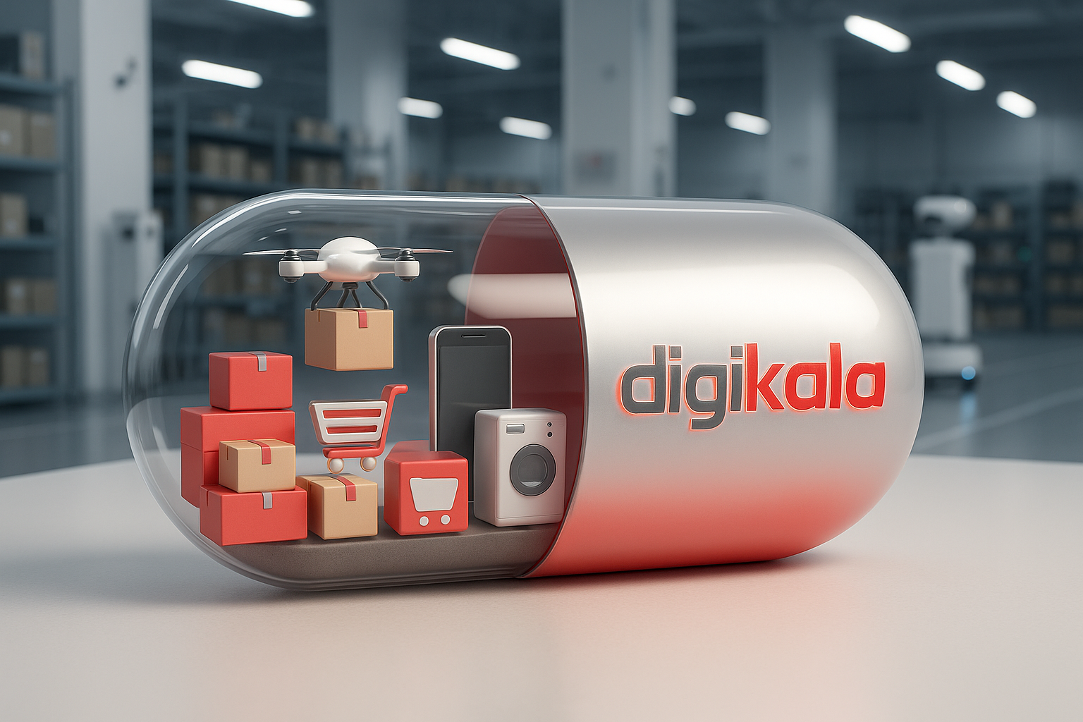 تصویری دیجیتالی از یک کپسول شفاف و مدرن که نماد خدمات دیجی‌کالا را در بر دارد. درون کپسول، آیکون‌ها و عناصر مینیاتوری از بخش‌های مختلف خدمات دیجی‌کالا به نمایش درآمده‌اند: جعبه‌های کوچک خرید، نماد کارت خرید، گوشی هوشمند، لوازم خانگی کوچک، و پهپاد کوچکی که مشغول حمل بسته‌هاست.

سطح بیرونی کپسول با لوگوی دیجی‌کالا به رنگ‌های قرمز و خاکستری طراحی شده که با افکتی درخشان جلب توجه می‌کند. کپسول روی یک میز مدرن در مرکز صحنه قرار گرفته است، در حالی که فضای پس‌زمینه محوی از یک انبار پیشرفته و دیجیتالی با ربات‌های خودکار، قفسه‌های سازمان‌یافته و چراغ‌های روشن دیده می‌شود.

نورپردازی صحنه ترکیبی از رنگ‌های سفید براق و سایه‌های نرم است که حس زنده بودن و آینده‌نگری را به تصویر می‌افزاید. رنگ‌بندی تصویر بر اساس پالت رسمی دیجی‌کالا شامل قرمز، خاکستری و سفید طراحی شده است. این تصویر به سبک مدرن و مینیمال، حرفه‌ای بودن تجارت الکترونیکی را نمایش می‌دهد و حس پیشرفت تکنولوژیکی و خلاقیت را به بیننده منتقل می‌کند.