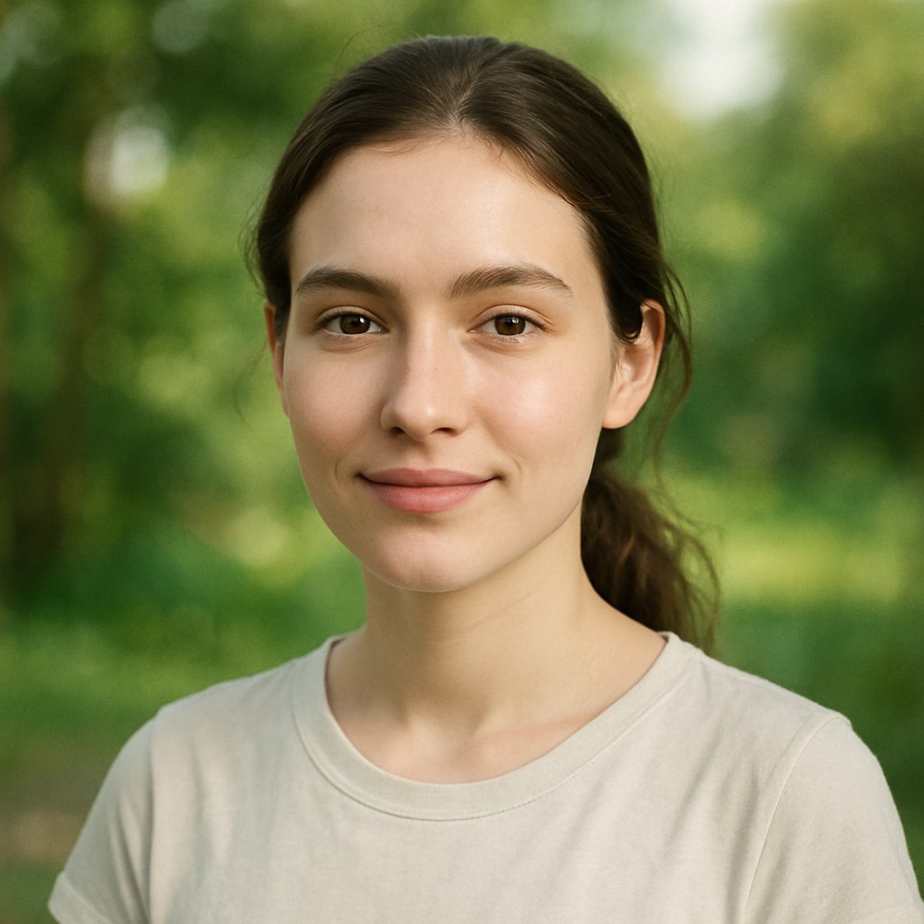 یک عکس پروفایل دخترانه طبیعی، دختر جوان با چهره‌ای آرام و لبخند ملایم، پوست شفاف و بدون آرایش یا با آرایش بسیار سبک (رنگ‌های طبیعی). موهای باز و نرم یا به‌طور ساده پشت سر جمع شده، به‌صورت طبیعی و بدون طراحی خاص. پوشش ساده و راحت مانند یک تی‌شرت یا پیراهن تابستانی با رنگ‌های ملایم (سفید، آبی یا پاستلی). پس‌زمینه محو با نور طبیعی روز در محیطی ساده مانند یک باغ، پارک یا ساحل. نورپردازی طبیعی که چهره را درخشان نشان دهد و سایه‌های ملایم ایجاد کند. سبک عکس ساده و حرفه‌ای با تمرکز بر طبیعی بودن.