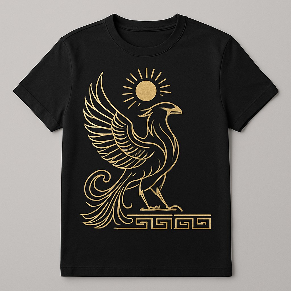 طراحی یک تی‌شرت مدرن با استفاده از نمادهای اساطیری ایرانی مثل سیمرغ یا خورشید. ترکیب خطوط مینیمال و رنگ‌های متالیک (طلایی یا نقره‌ای) روی یک پس‌زمینه مشکی یا سفید. طراحی باید حس قدرت، اعتمادبه‌نفس، و ارتباط با فرهنگ ایرانی را القا کند.