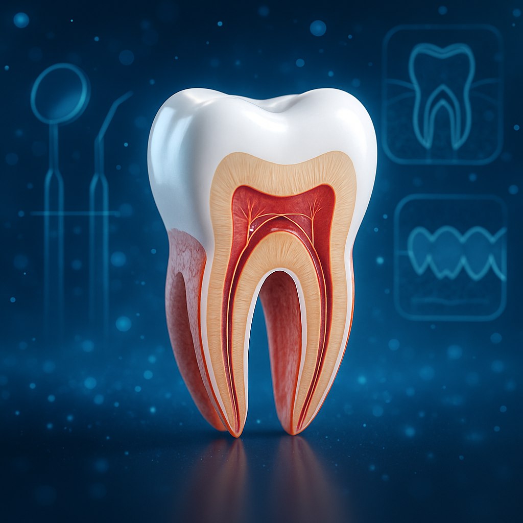 تصویری سه‌بعدی و جذاب از یک دندان: نمایی دقیق و زیبا از یک دندان سفید و درخشان که با جزئیات کاملی از ساختار آن، مانند مینا، عاج و ریشه، در حال نمایش است. دندان در مرکز یک صحنه علمی و مدرن قرار دارد، با پس‌زمینه‌ای از ذرات نورانی آبی و سفید که حس پیشرفت و تکنولوژی را القا می‌کند. نورپردازی ملایم و حرفه‌ای به گونه‌ای است که انحنای طبیعی و جزئیات سطح دندان را برجسته کند. اطراف دندان، تصاویری شفاف از تجهیزات دندان‌پزشکی مدرن یا آناتومی دهان به صورت نیمه‌شفاف نمایش داده می‌شود، در حالی که ظاهری تمیز و آینده‌نگر حفظ شده است