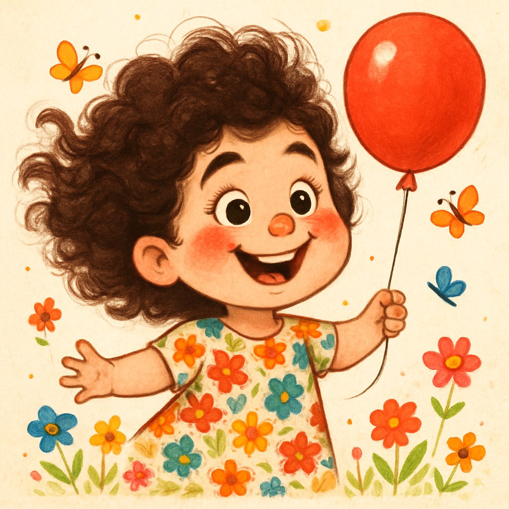یک کاریکاتور شاد و بامزه از کودکی نازنین بیات طراحی کن. او را با گونه‌های گلگون و چشم‌های درشت و خندان در حالی که لباسی پر از نقش‌های رنگارنگ گل به تن دارد نشان بده. موهای فرفری و پرپشتش در حال بازی با باد باشد و یک بادکنک به دستش گرفته باشد. فضای اطراف پر از پروانه‌های کوچک، گل‌های رنگارنگ و حس بی‌پایان شادی و بازی باشد. سبک کاریکاتور باید دوست‌داشتنی، کودکانه و پر از انرژی مثبت باشد.