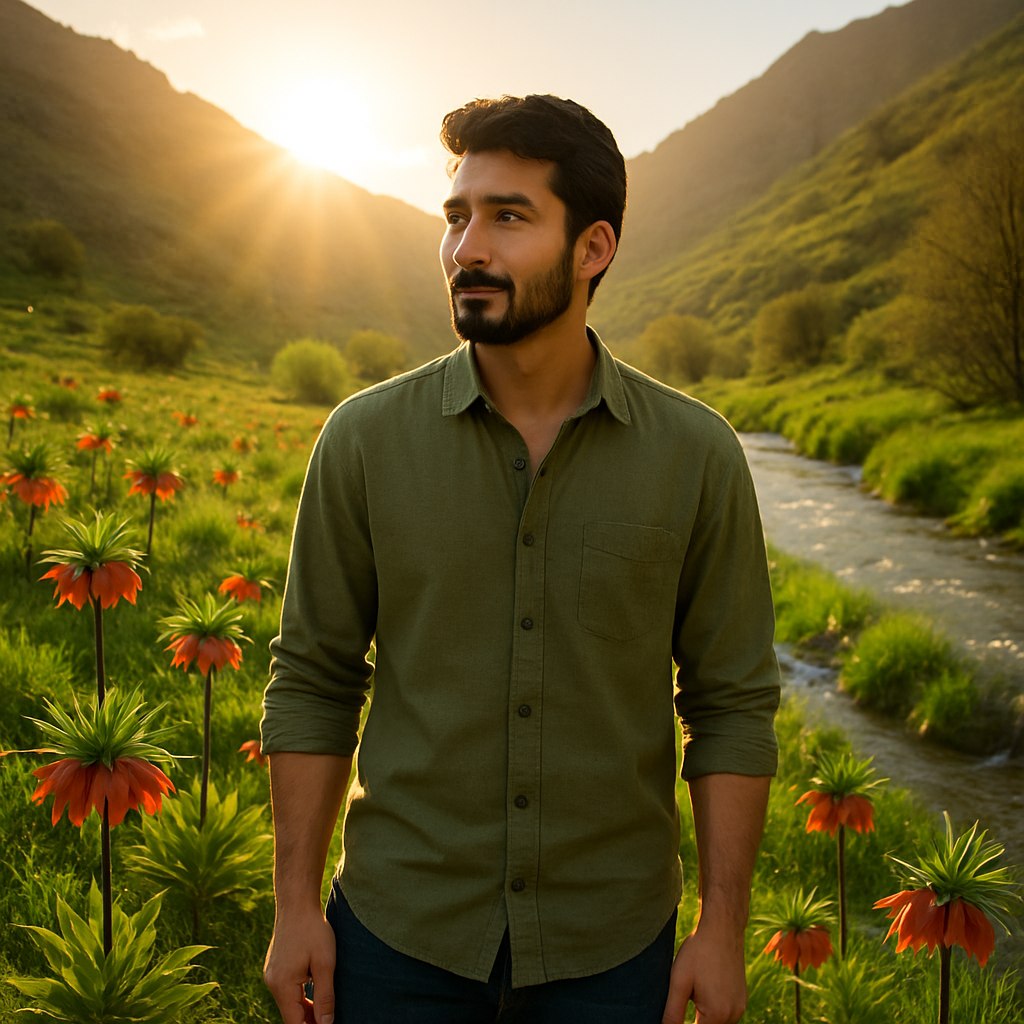 عکسی از یک فرد ایرانی طراحی کن که در حال ایستادن در یک طبیعت بکر مثل دشت لاله‌های واژگون یا در کنار یک رودخانه زلال است. نور خورشید از پشت سر فرد عبور کند و یک هاله گرم و درخشان ایجاد کند. حس کلی تصویر باید طبیعی، آرامش‌بخش و پرانرژی باشد.