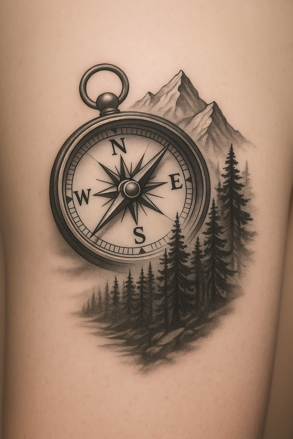 طراحی نمونه عکس تتو قطب‌نمای واقع‌گرایانه با چشم‌انداز کوه و جنگل، نماد ماجراجویی و جهت‌یابی، به رنگ مشکی و خاکستری