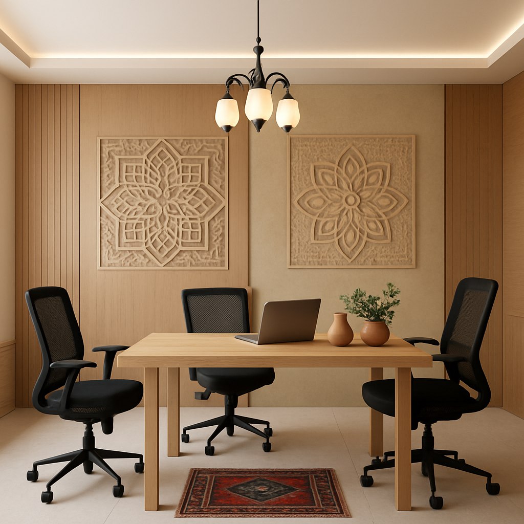طراحی داخلی دفتر کار به سبک مدرن با مبلمان مینیمال و خطوط ساده، میزهای چوبی با رنگ طبیعی روشن، صندلی‌های ارگونومیک مشکی. دیوارها با پنل‌های چوبی و تزئینات هندسی ایرانی به شکل برجسته یا حکاکی شده، به رنگ‌های خاکی و کرم. استفاده از گلیم‌های کوچک و مدرن روی کف و چند گلدان سفالی دست‌ساز ایرانی روی میزها. نورپردازی LED مخفی و لوسترهای ساده اما الهام‌گرفته از نقش‌های ایرانی. فضای کاری روشن، الهام‌بخش و با حس اصالت ایرانی.